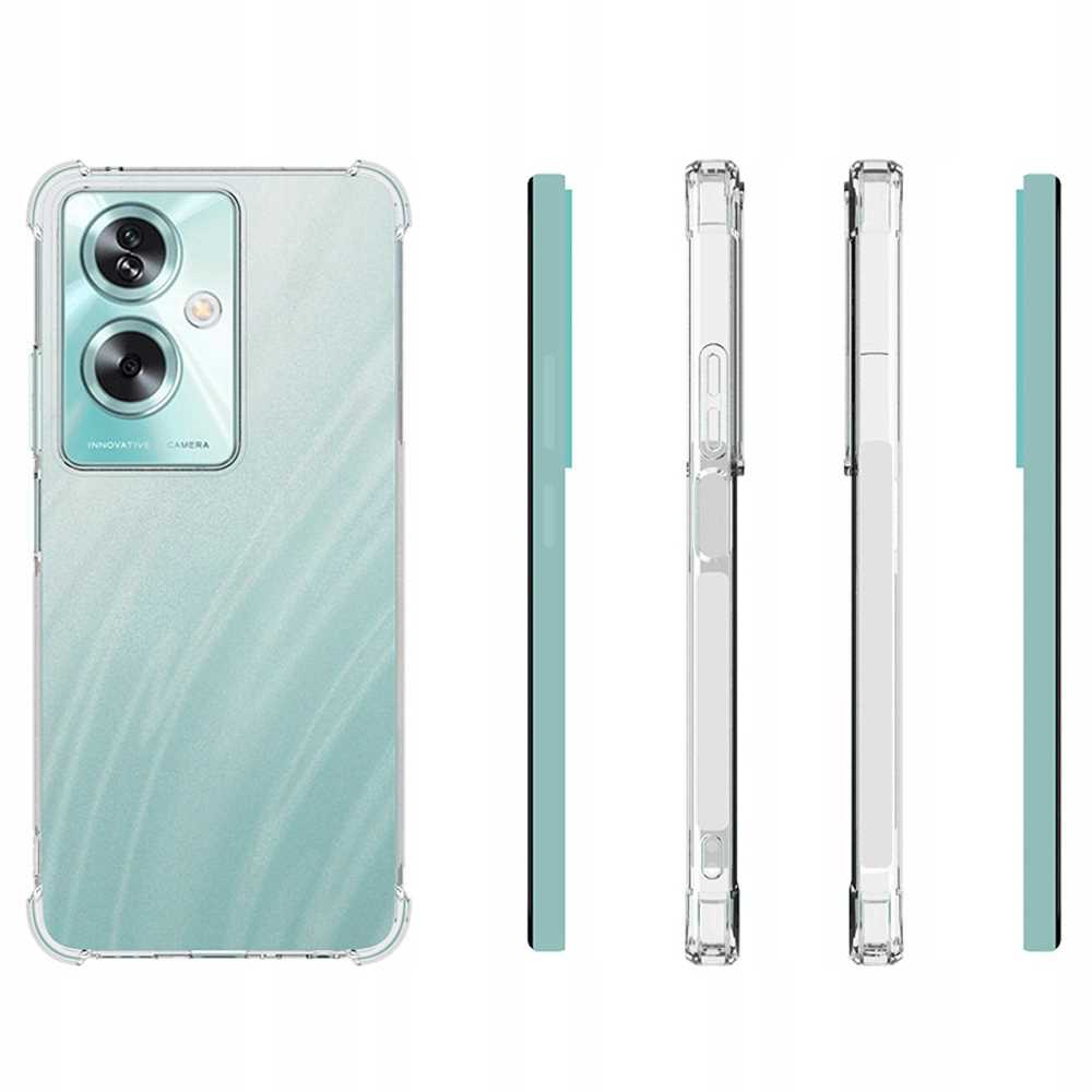 Etui na telefon z telefonem. Telefon jest jasnozielony, a etui przezroczyste.