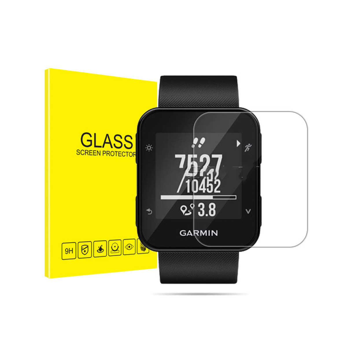 Une montre Garmin avec un protecteur d'écran et une boîte jaune avec du texte.