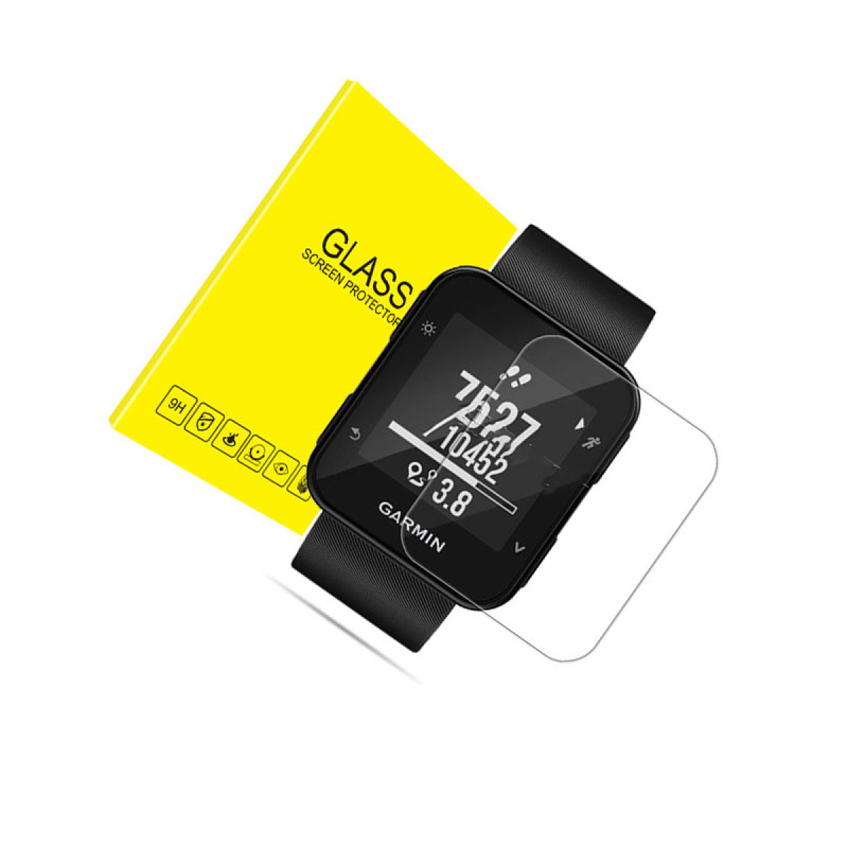 Une montre Garmin noire avec un protecteur d'écran. L'écran affiche des chiffres et le protecteur est jaune.