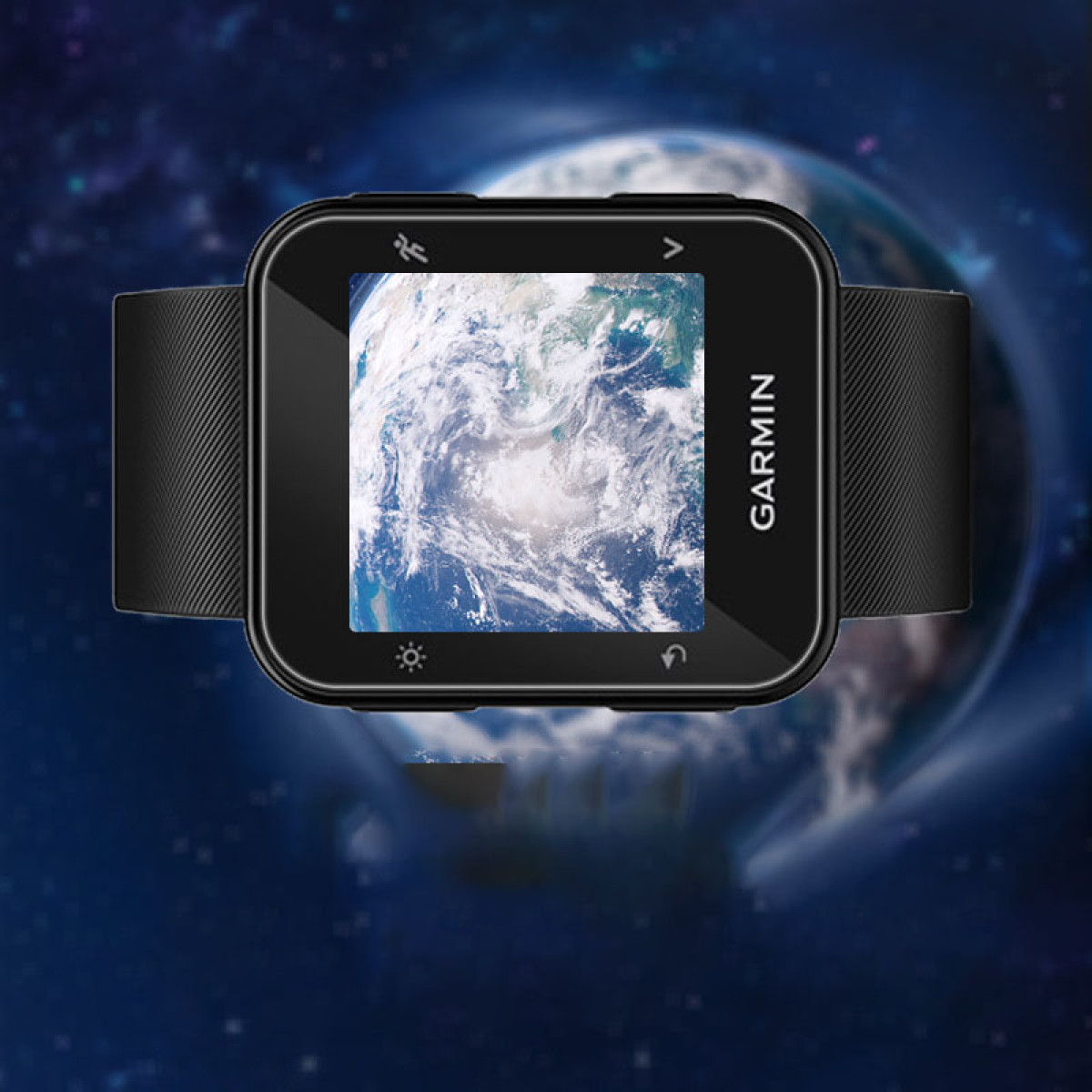 Une montre Garmin affiche une image de la Terre. La montre est noire avec un bracelet noir sur fond bleu.