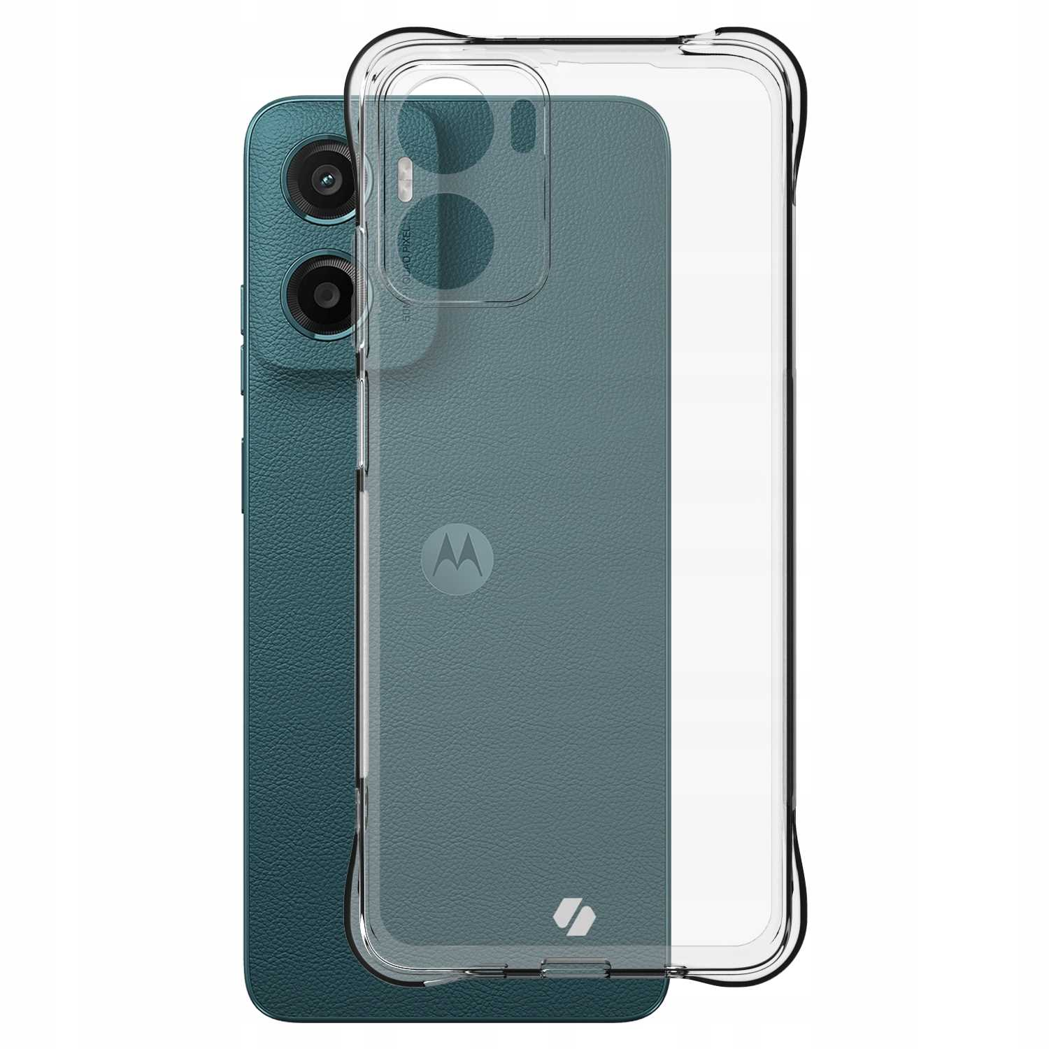 Telefon i etui. Telefon jest ciemnoturkusowy. Etui jest przezroczyste z czarnym obramowaniem.