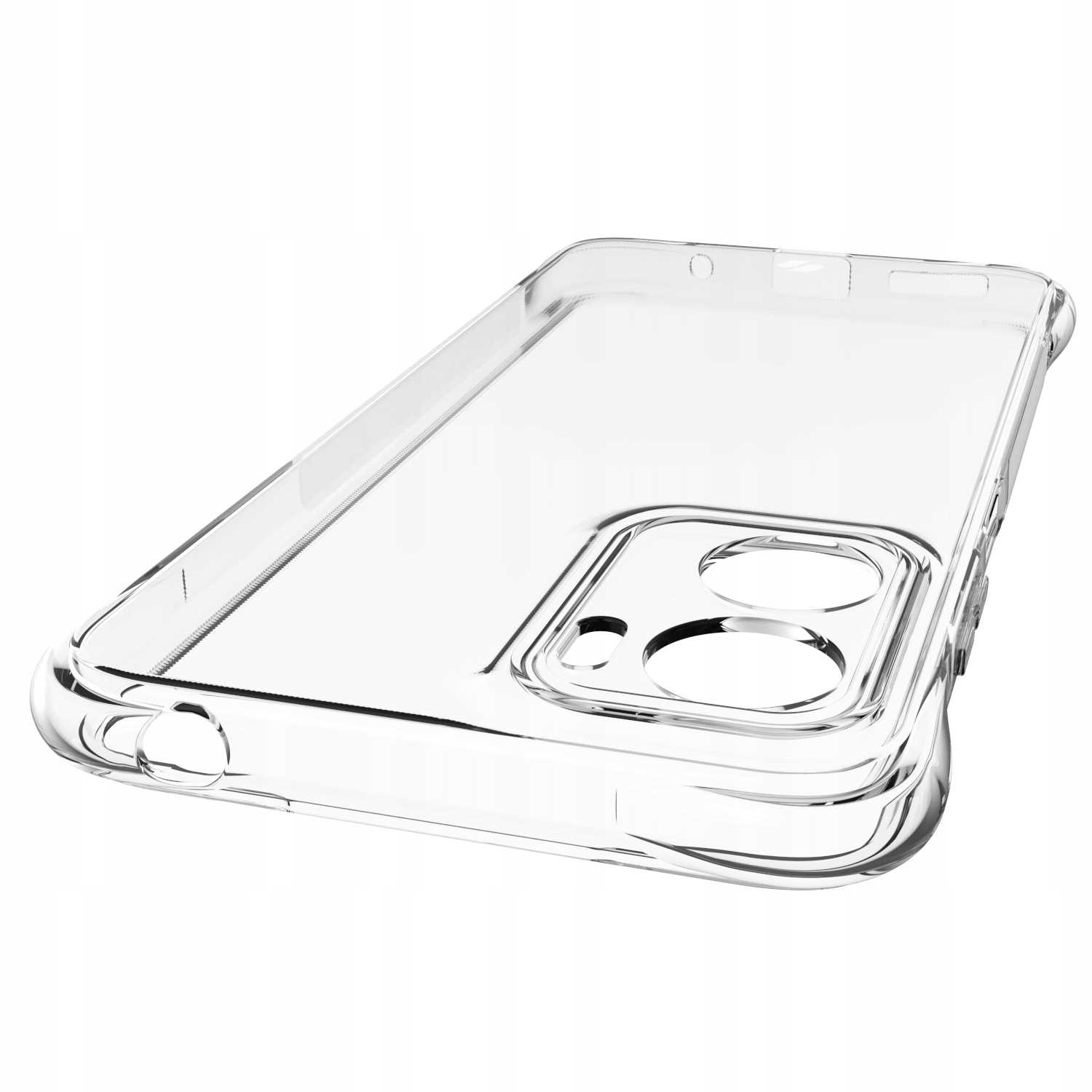 Przezroczyste etui na telefon. Etui jest przezroczyste z otworami na aparat i boczne przyciski.