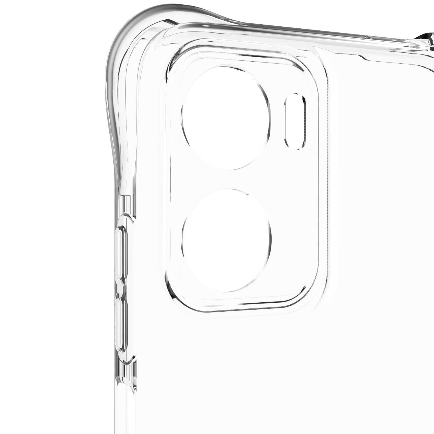 Zbliżenie przezroczystego etui na telefon. Etui ma otwory na obiektywy aparatu.