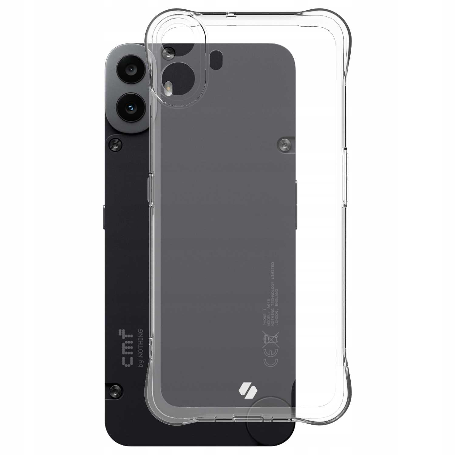 Telefon z przezroczystym etui. Telefon jest czarny i szary. Etui jest na telefonie.