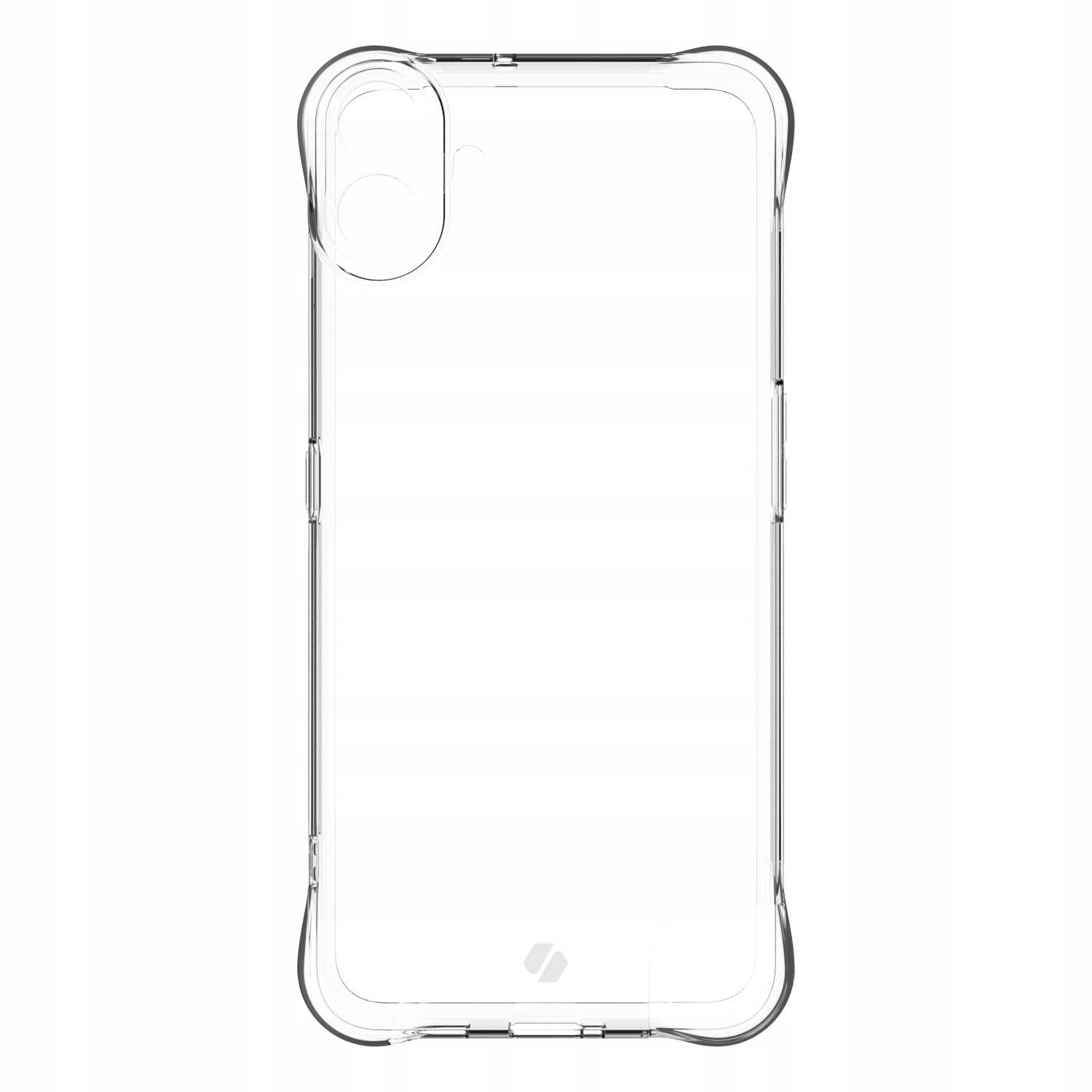 Przezroczyste etui na telefon z zaokrąglonym wycięciem na aparat, prosty design.