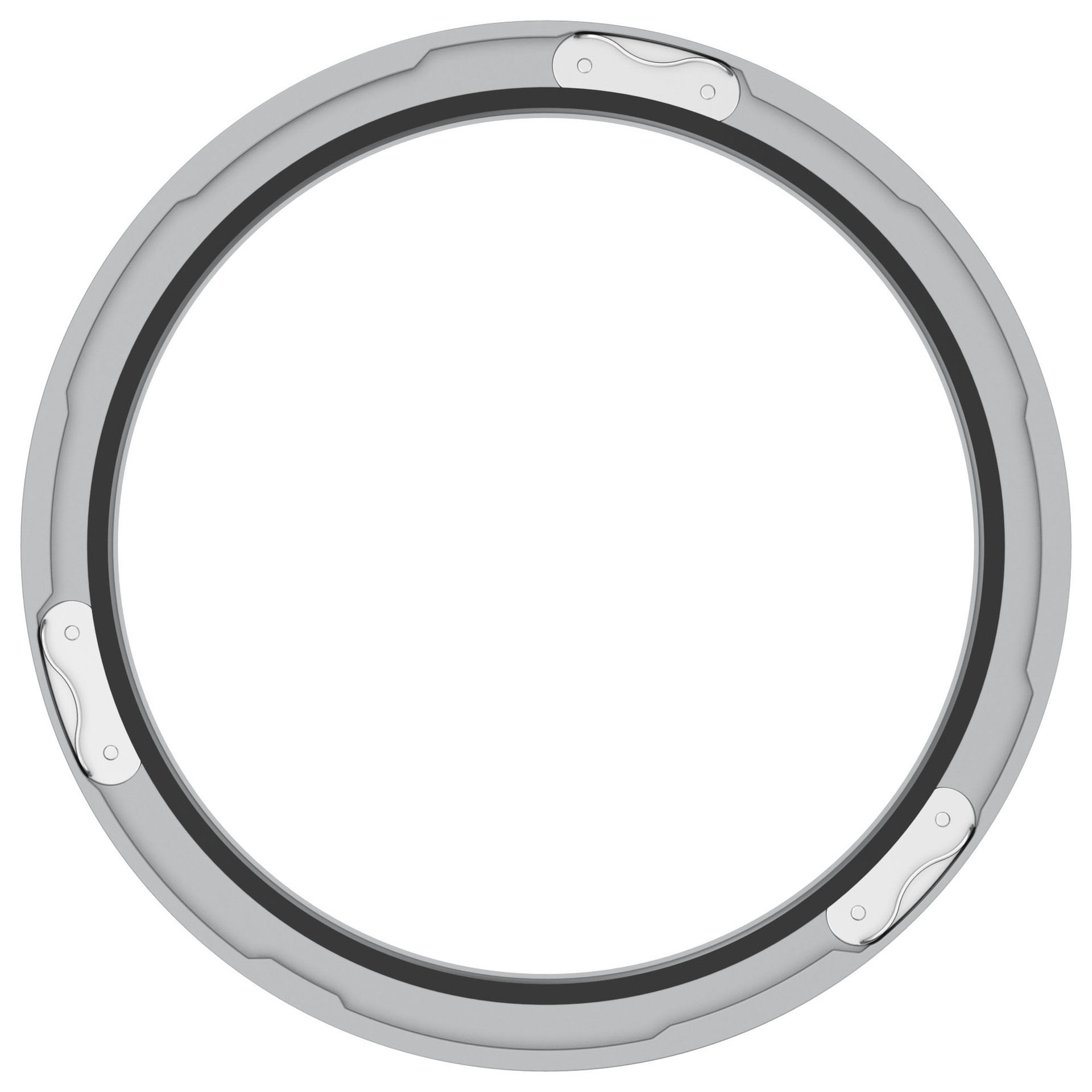 Un anello d'argento con un anello interno nero. L'anello ha tre clip argentate.