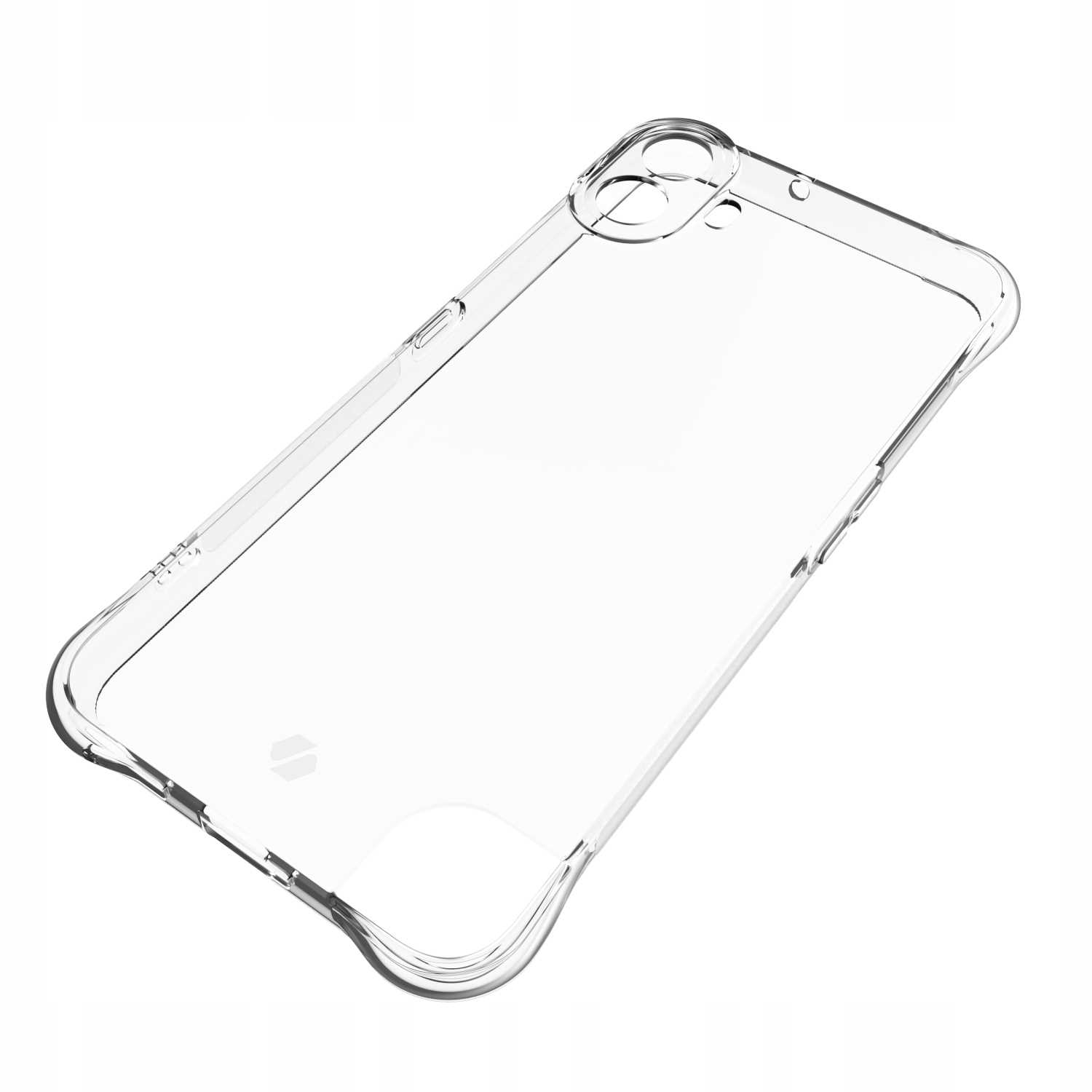 Przezroczyste etui na telefon. Jest przezroczyste i lekko pochylone. Krawędzie są zdefiniowane, a tył widoczny.