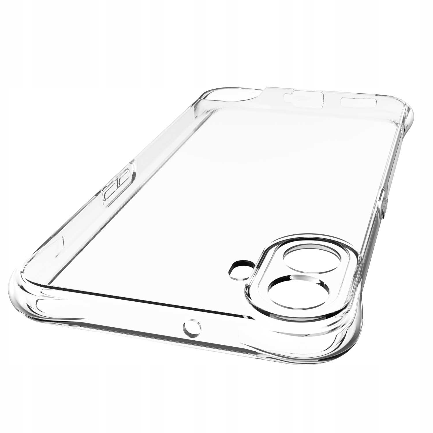 Przezroczyste etui na telefon, pod kątem, pokazujące wycięcie na aparat i obudowę telefonu.