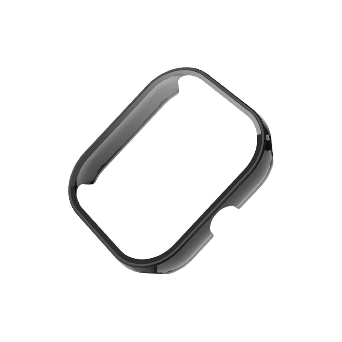 Una cassa per orologio nera, angolata, con un ritaglio per il quadrante. È lucida e ha una forma definita.