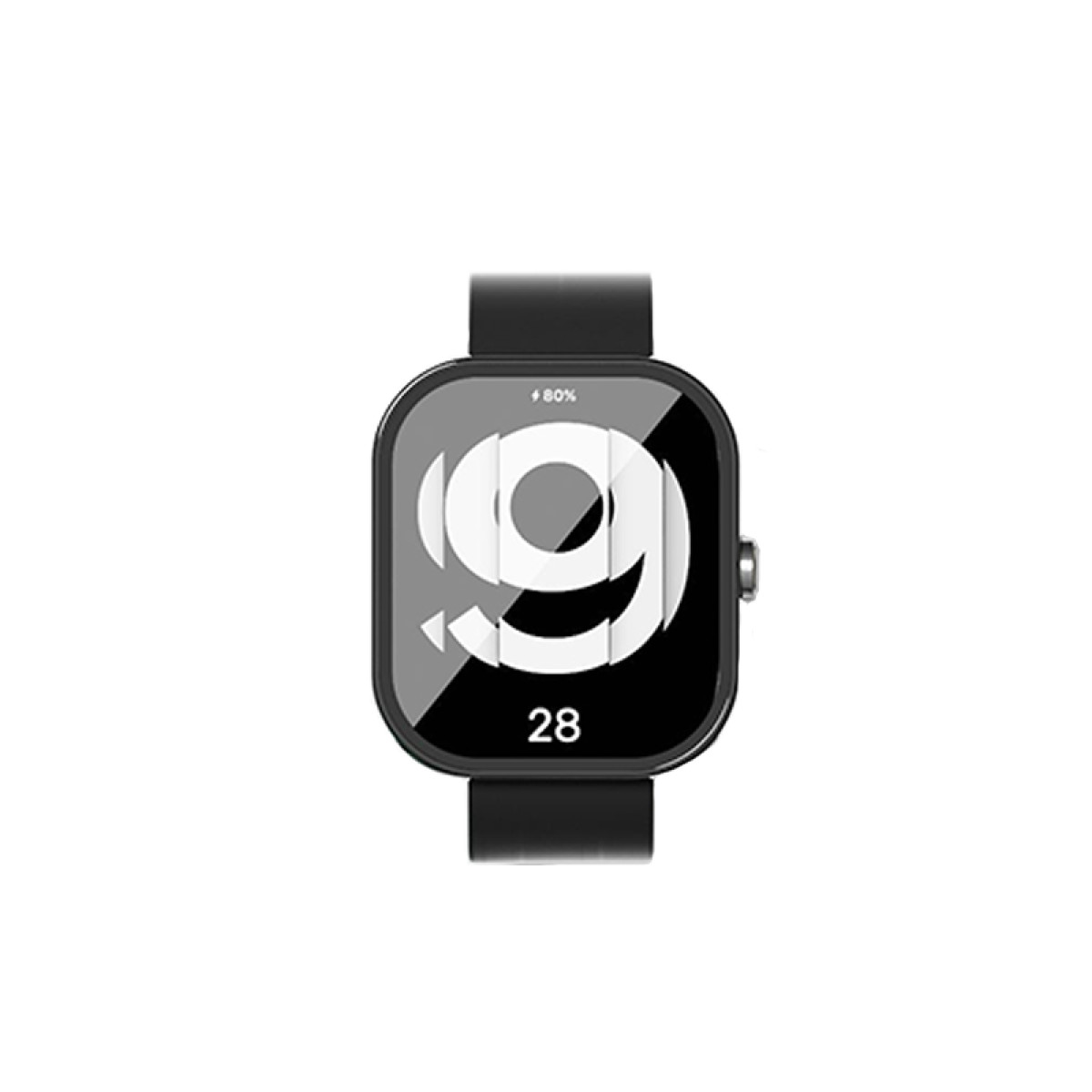 Smartwatch con un grande numero 9 sullo schermo. Cinturino nero.