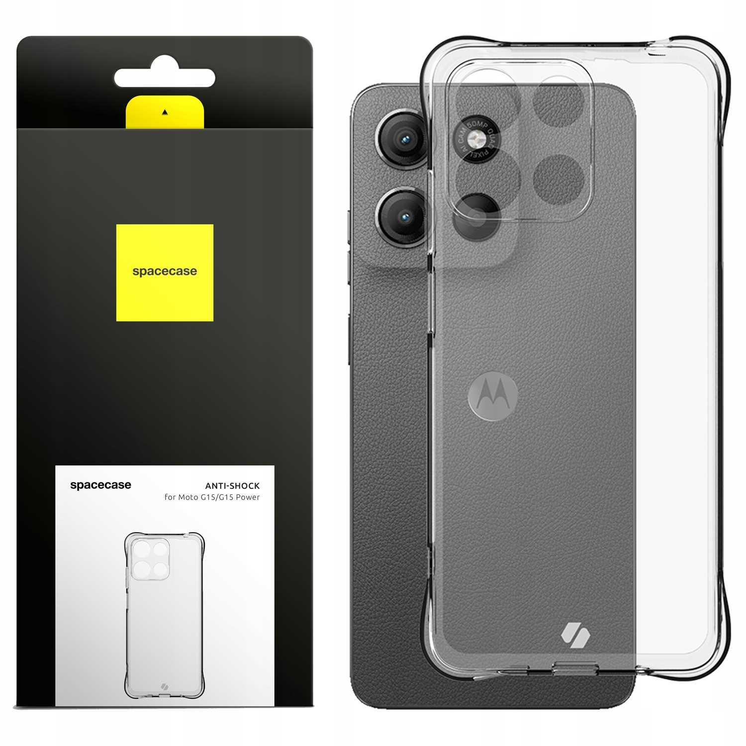 Opakowanie etui na telefon obok telefonu z etui. Widoczne logo spacecase.