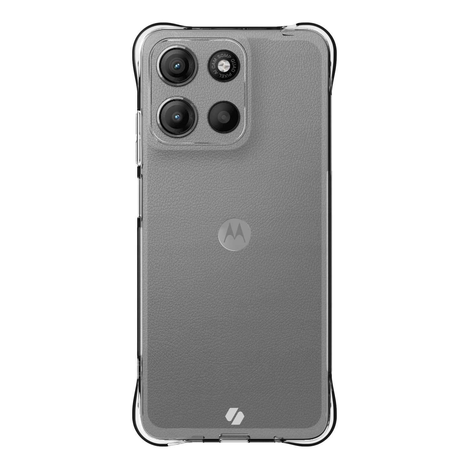 Przezroczyste etui na szarym telefonie. Logo Motorola pośrodku.