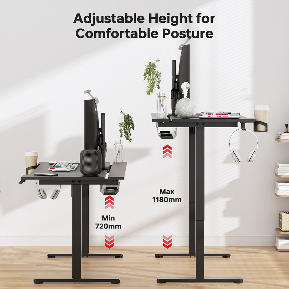 Dwa biurka stojące, pokazujące regulowaną wysokość. Etykiety pokazują wysokość min/max.