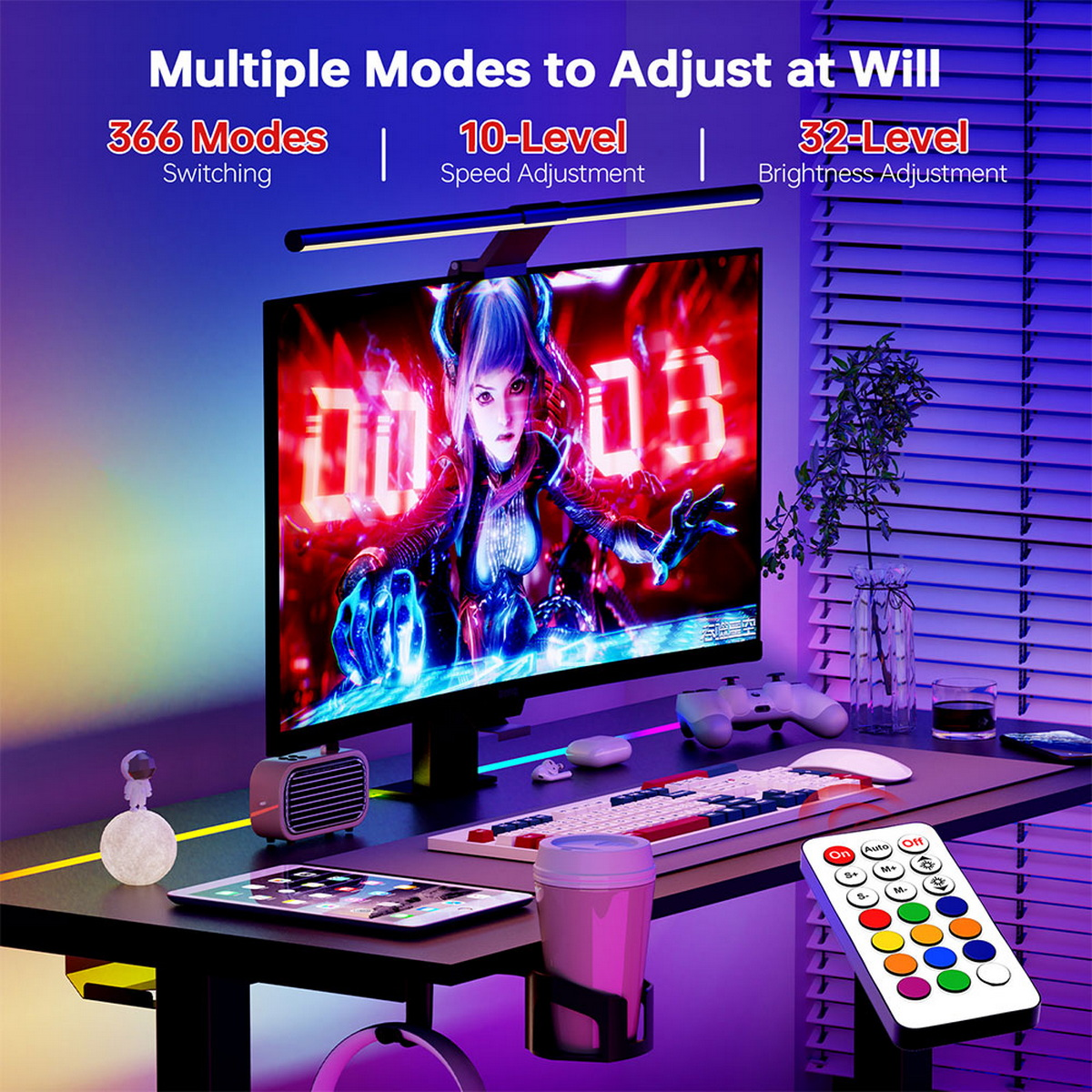 Konfiguracja do gier z monitorem i pilotem. Tekst: Wiele trybów do regulacji.