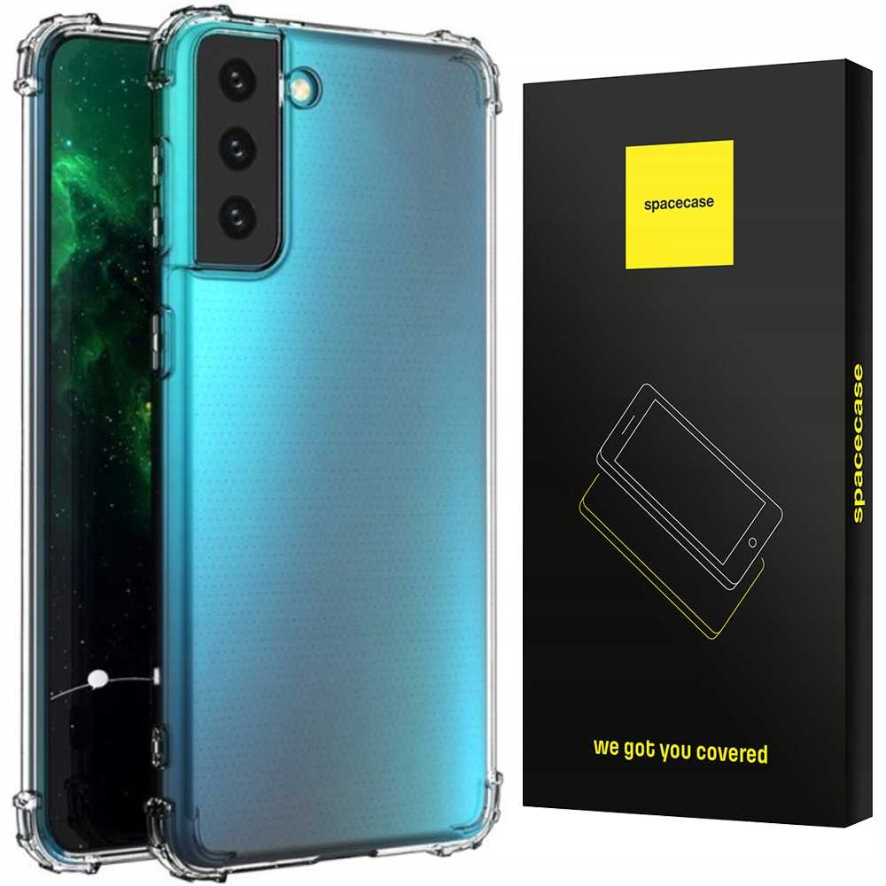 Telefon w przezroczystym etui obok pudełka z napisem: spacecase. Telefon ma niebieski gradient z tyłu.