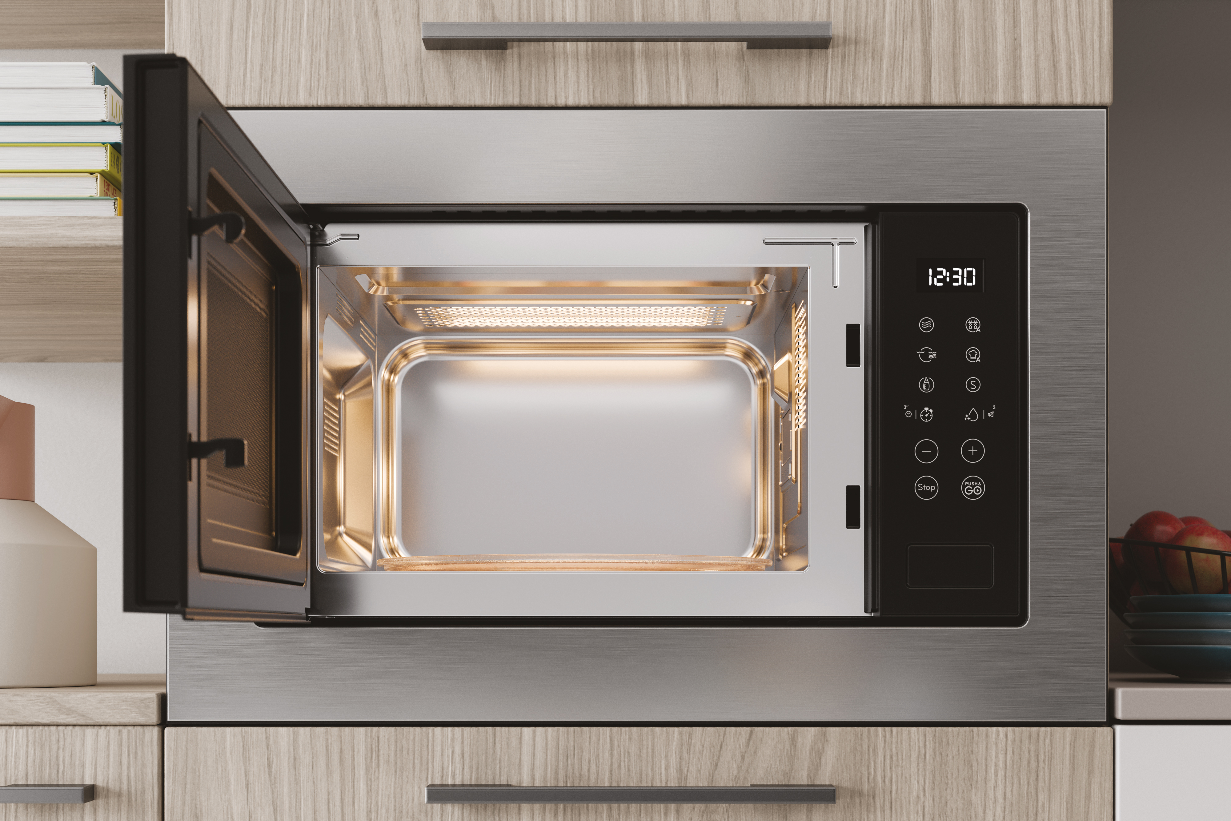 Un forno a microonde con la porta aperta. L'interno è visibile e l'ora è visualizzata.