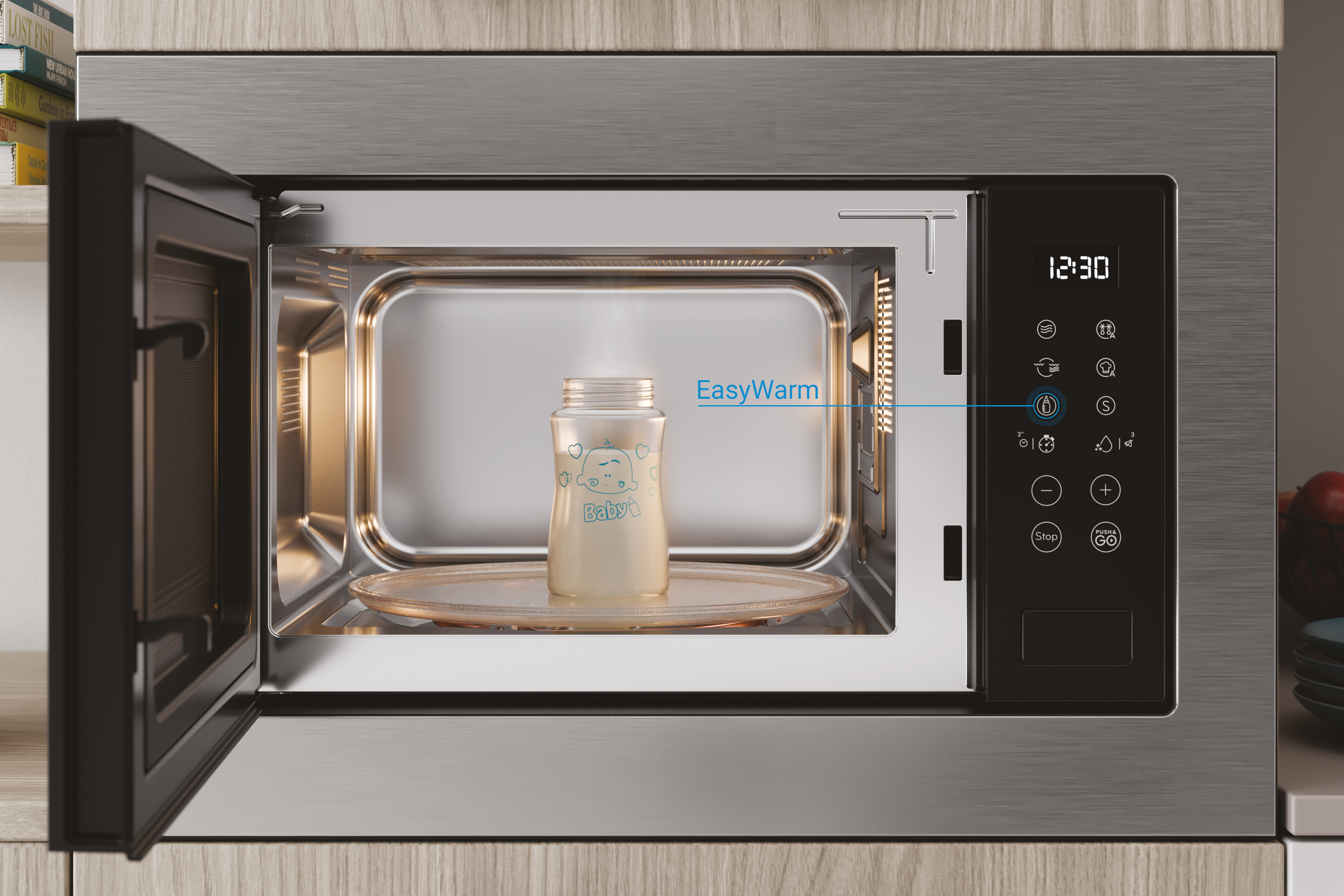 Un forno a microonde con la porta aperta, un biberon all'interno, con l'etichetta 'EasyWarm'.