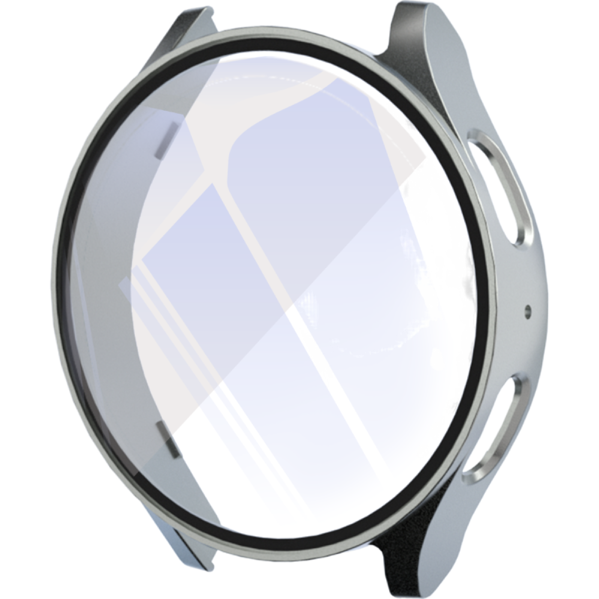 Cassa dell'orologio argentata con una protezione schermo trasparente.