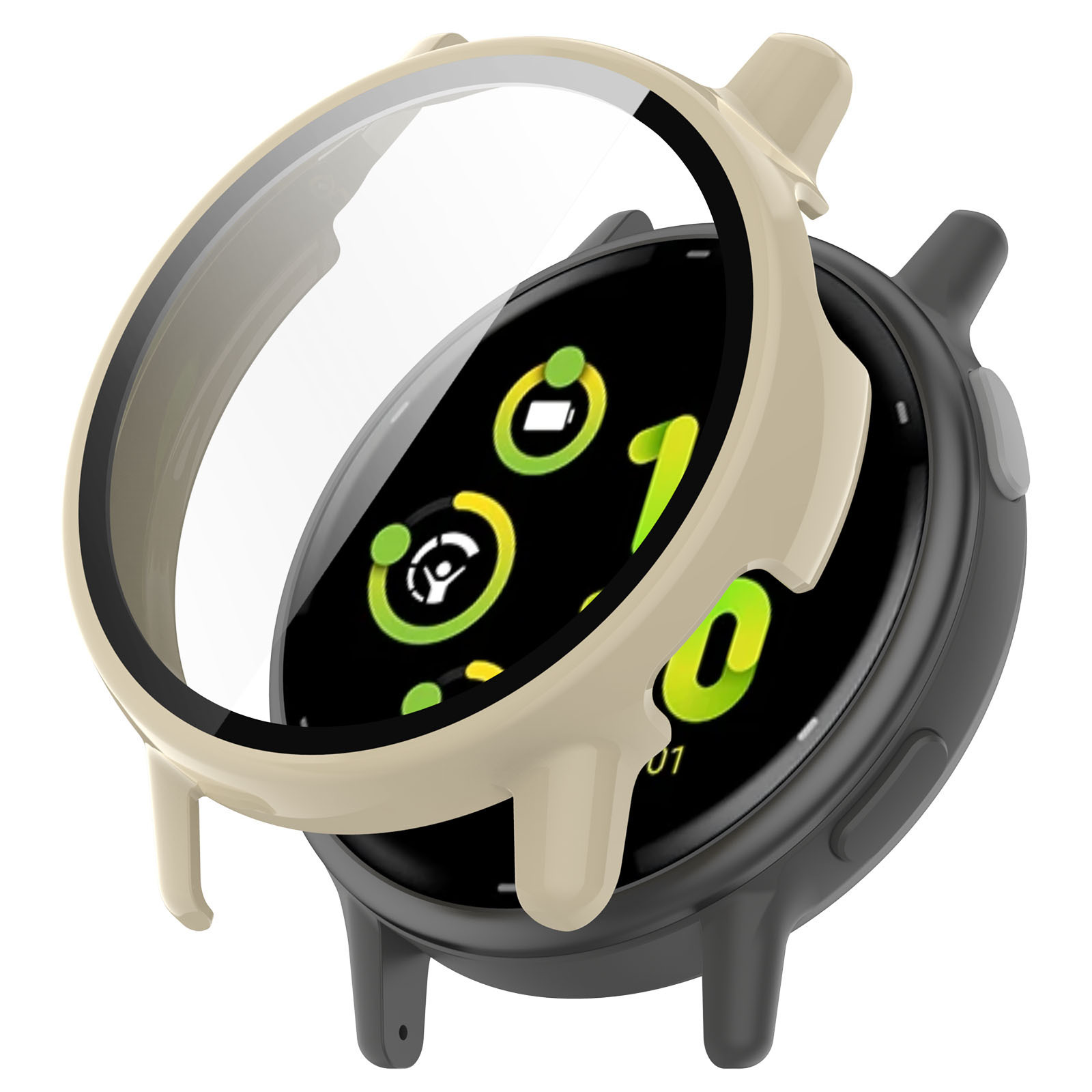 Beiges Uhrengehäuse mit einem klaren Displayschutz auf einer dunklen Uhr. Der Bildschirm zeigt Zahlen und Symbole.