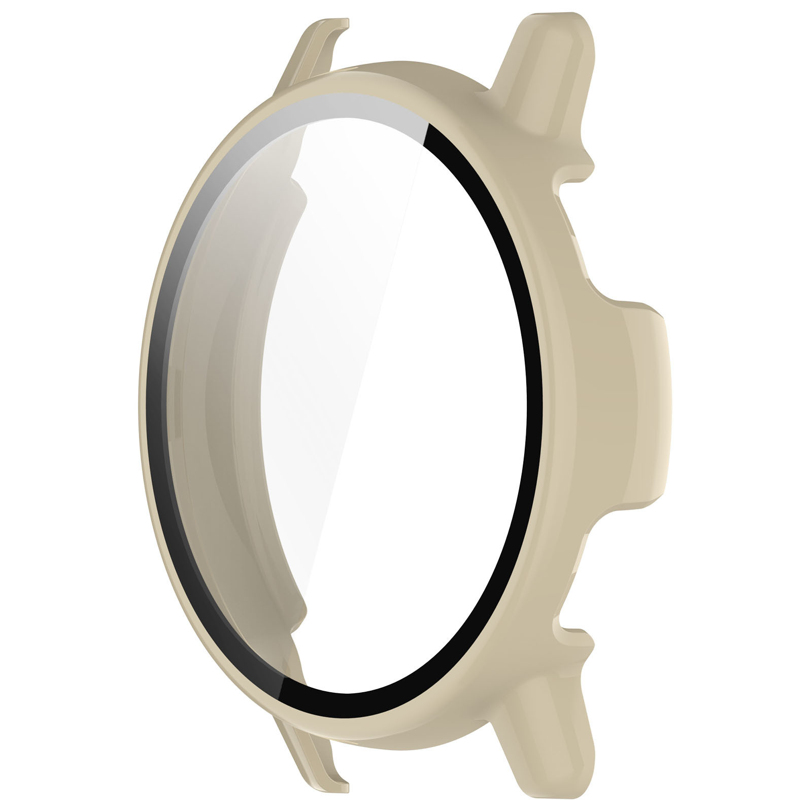 Eine Uhrenhülle. Beige Farbe. Schwarzer Bildschirm.