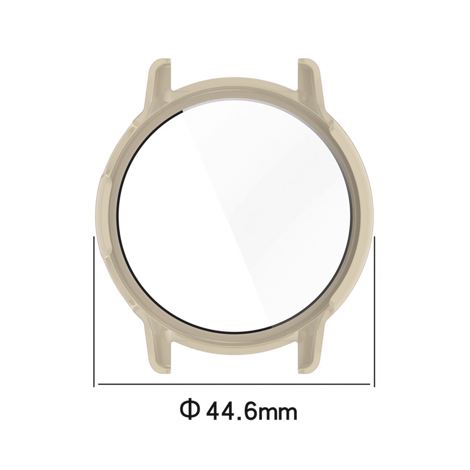 Ein beiges Uhrengehäuse mit einem klaren Displayschutz. Das Gehäuse hat ein kreisförmiges Design mit einem Maßlabel.