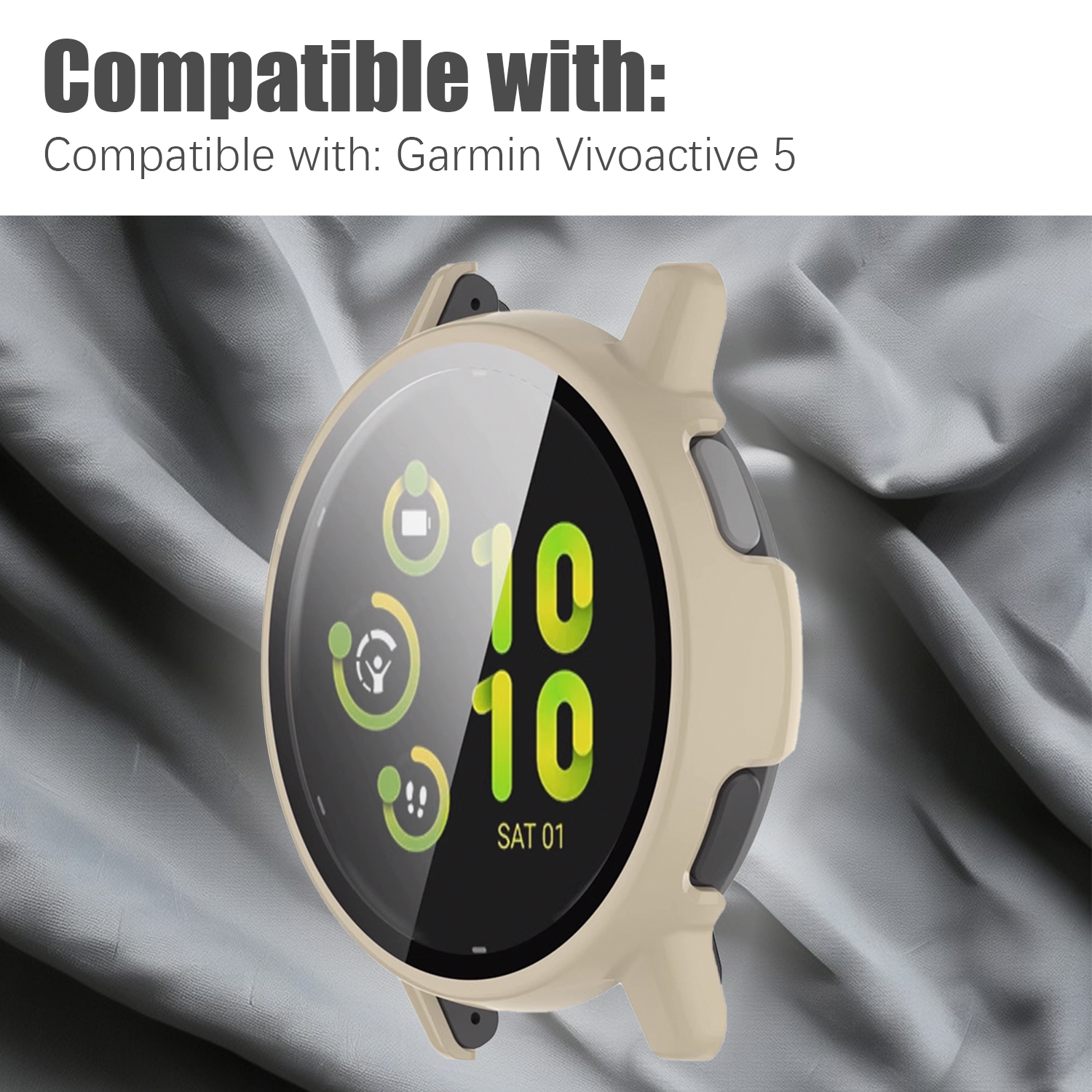 Uhrengehäuse auf grauer Oberfläche, mit dem Text 'Kompatibel mit: Garmin Vivoactive 5'.
