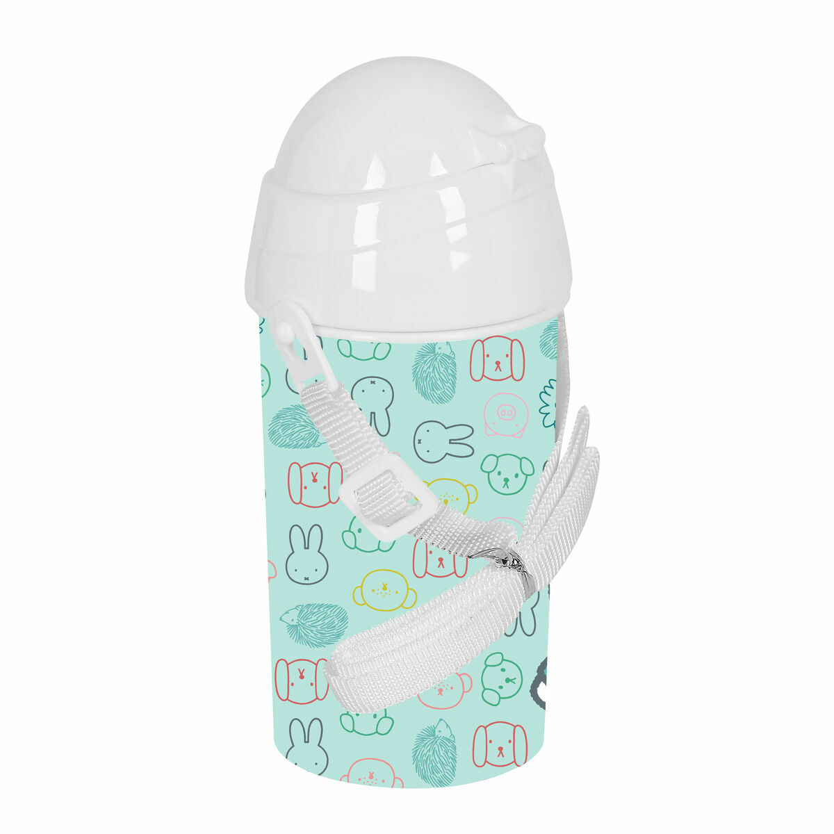 Eine Babyflasche mit einem Cartoon-Tiermuster. Sie hat einen weißen Riemen und einen weißen Deckel.