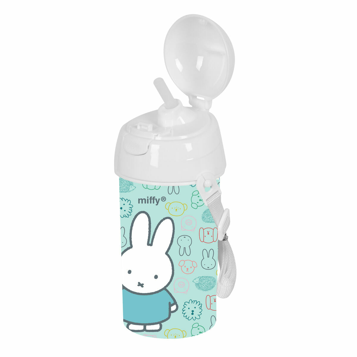 Wasserflasche mit Miffy-Design, geöffnet, Strohhalm zeigend. Die Flasche hat einen weißen Deckel und blaues Miffy-Design.