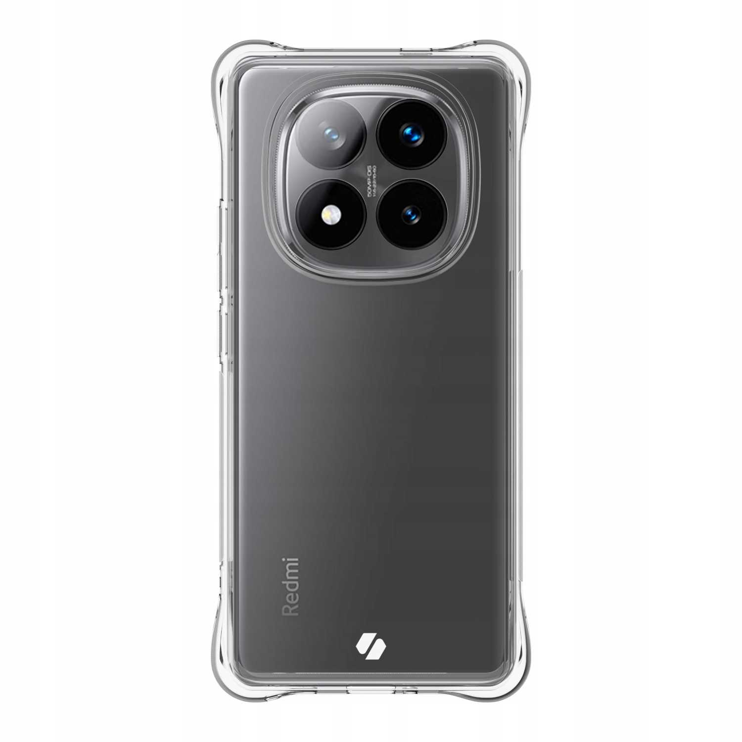 Czarny telefon z przezroczystym etui, pokazujący moduł aparatu i logo Redmi.