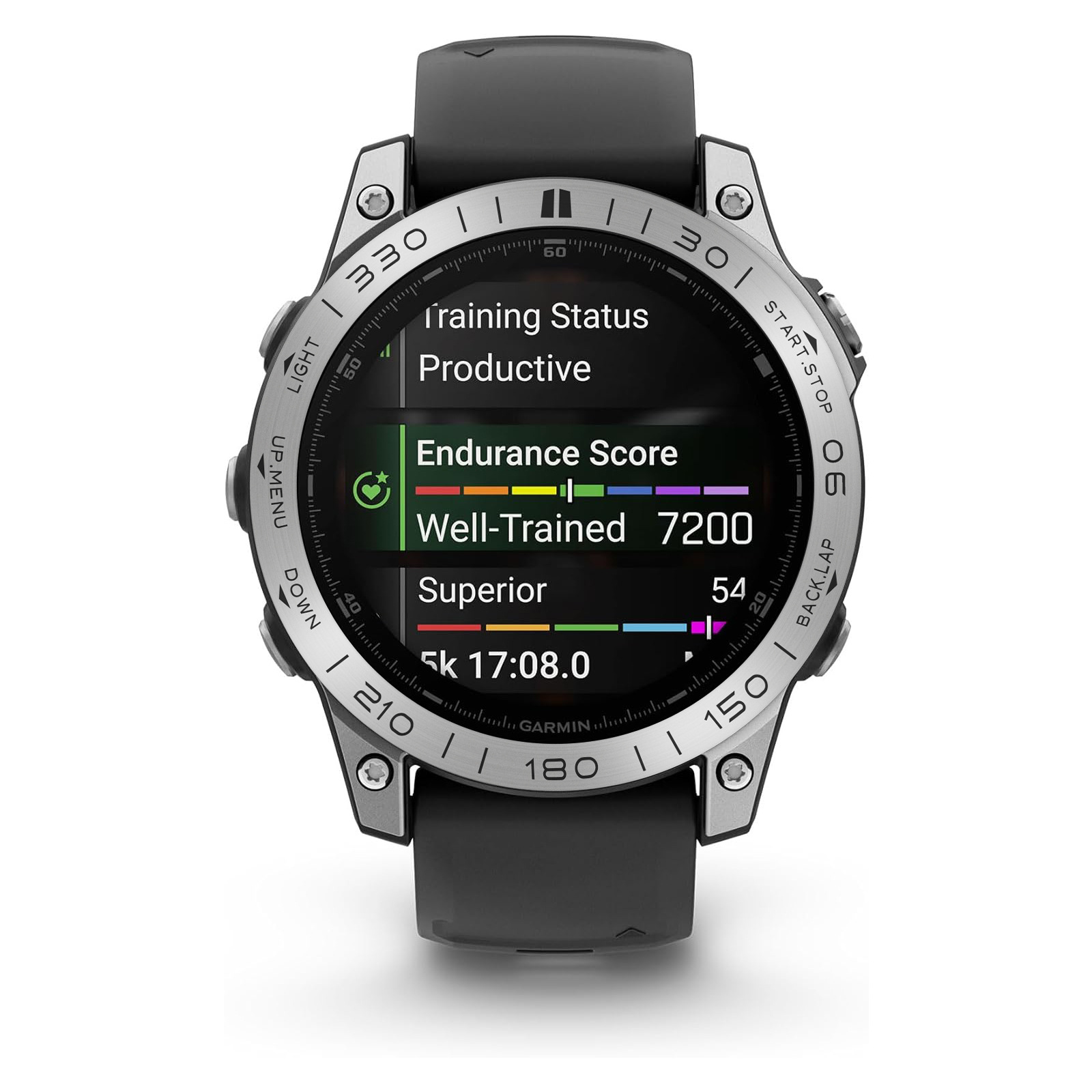 Eine Smartwatch mit digitaler Anzeige, die Trainingsstatus und andere Metriken anzeigt.