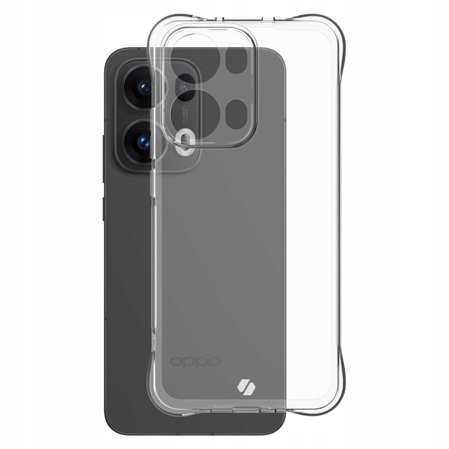 Telefon z przezroczystym etui. Telefon jest ciemnoszary, etui przezroczyste.