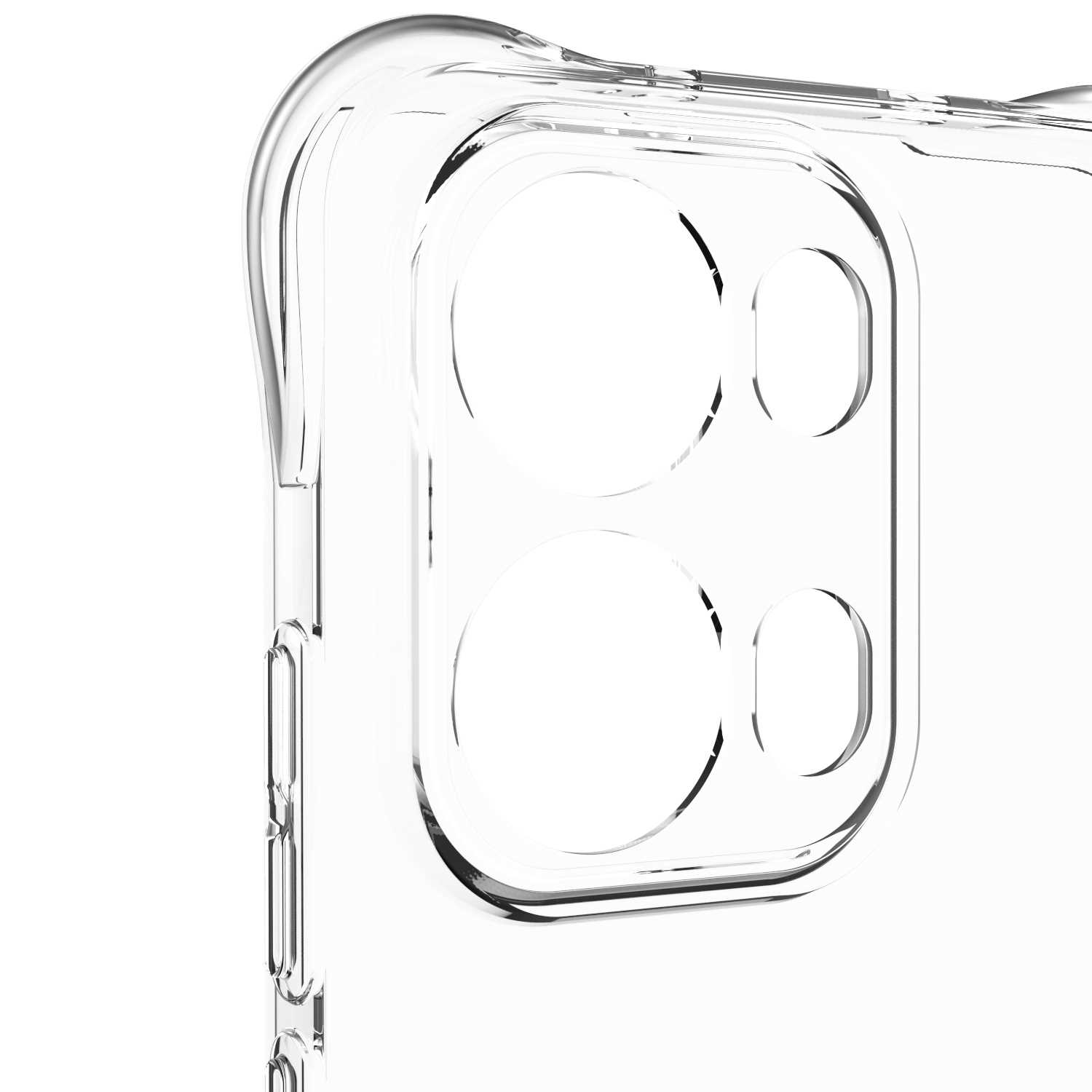 Zbliżenie przezroczystego etui na telefon, pokazujące wycięcia na aparat.