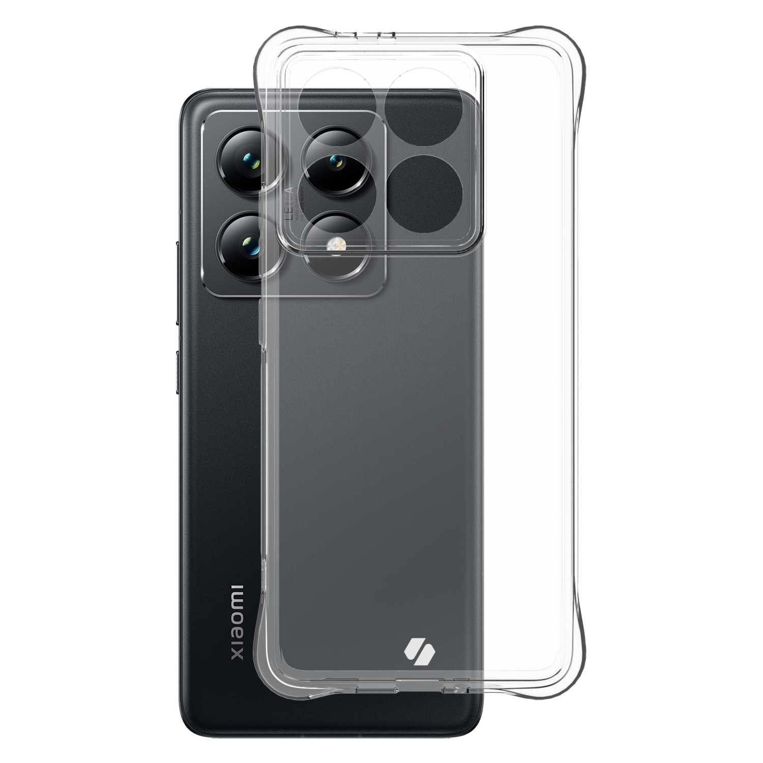Czarny telefon z przezroczystym etui. Telefon znajduje się na białym tle.