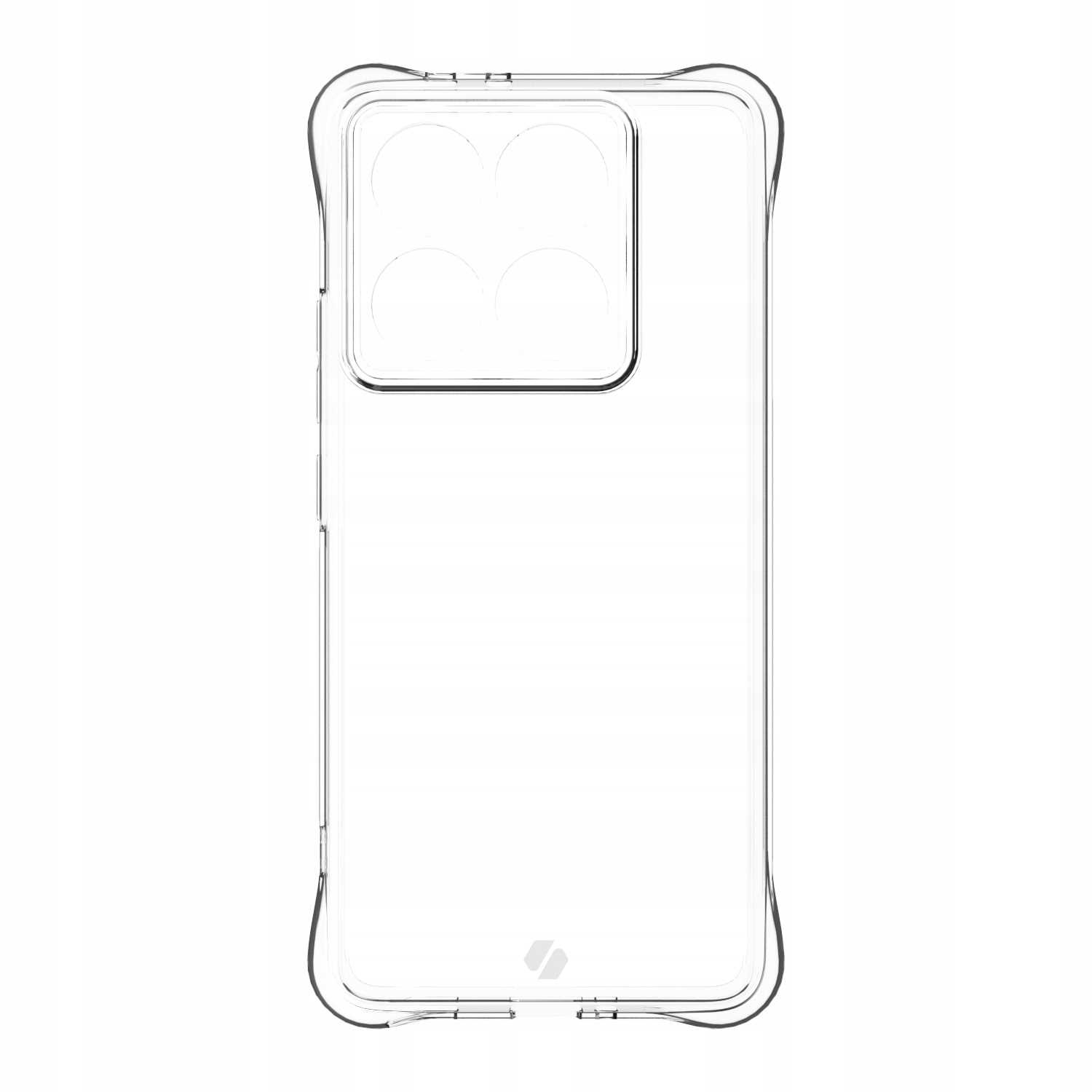 Przezroczyste etui na telefon stoi pionowo. Etui ma przezroczysty design i wycięcie na cztery obiektywy.