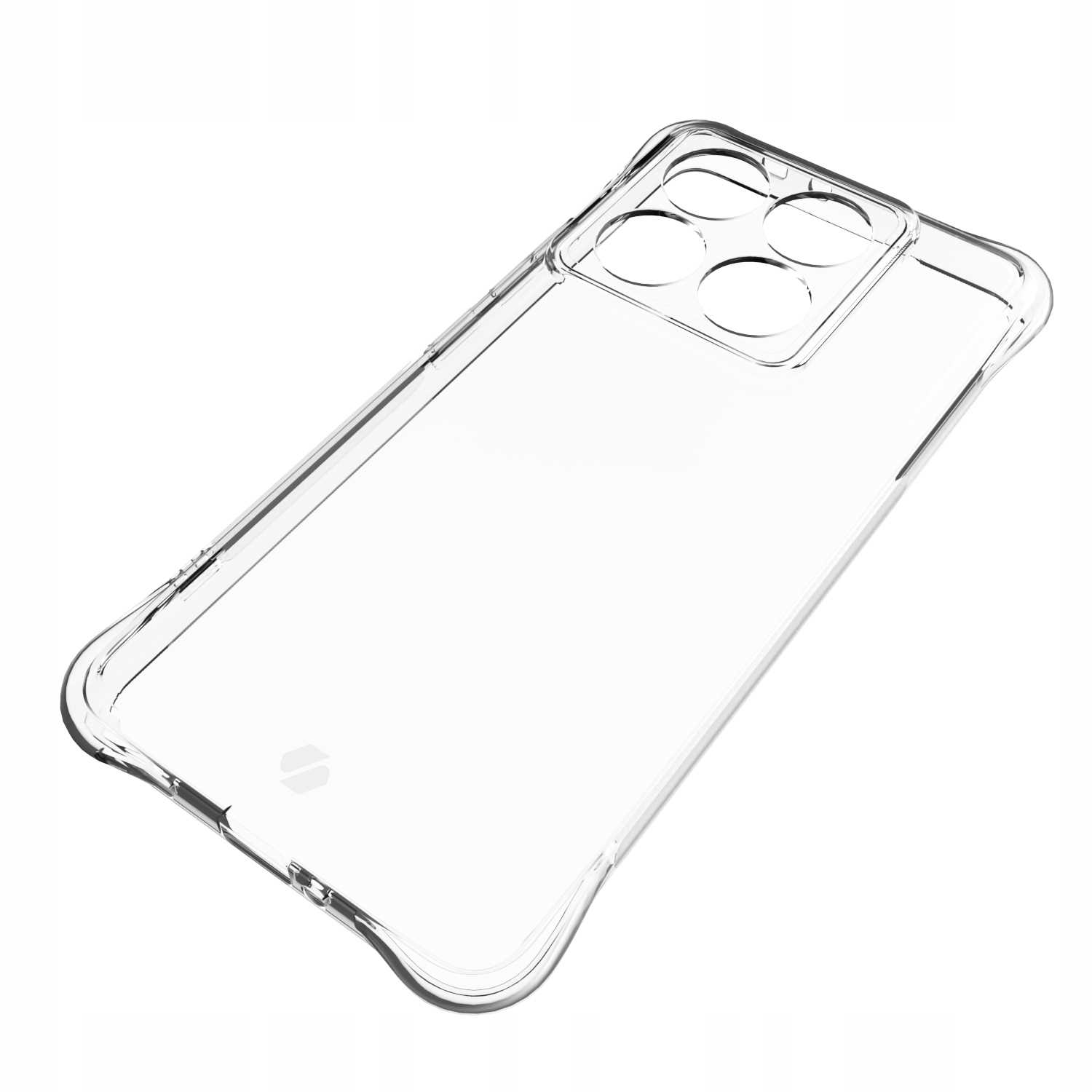 Przezroczyste etui na telefon pokazane pod kątem. Etui ma przezroczysty design i wycięcie na cztery obiektywy.