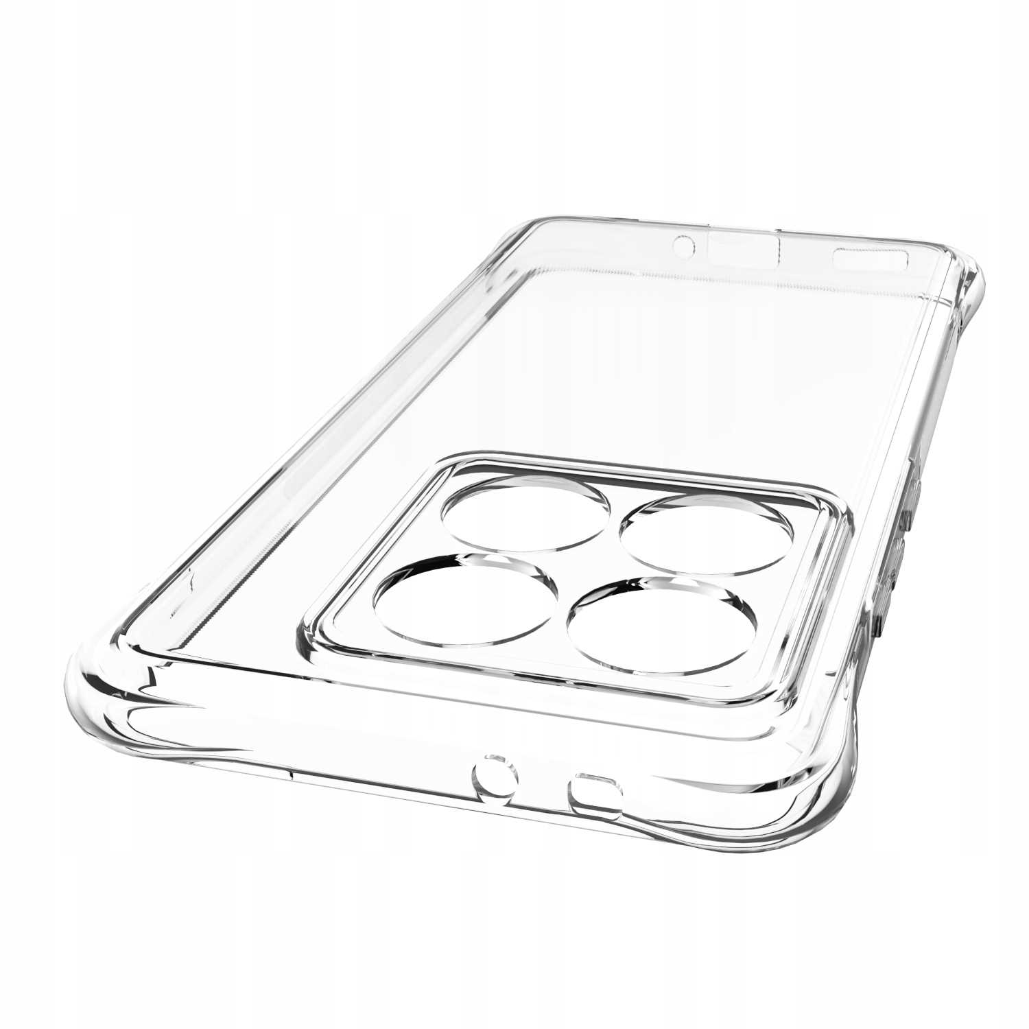 Przezroczyste etui na telefon leży pod kątem. Etui ma przezroczysty design i wycięcie na cztery obiektywy aparatu.