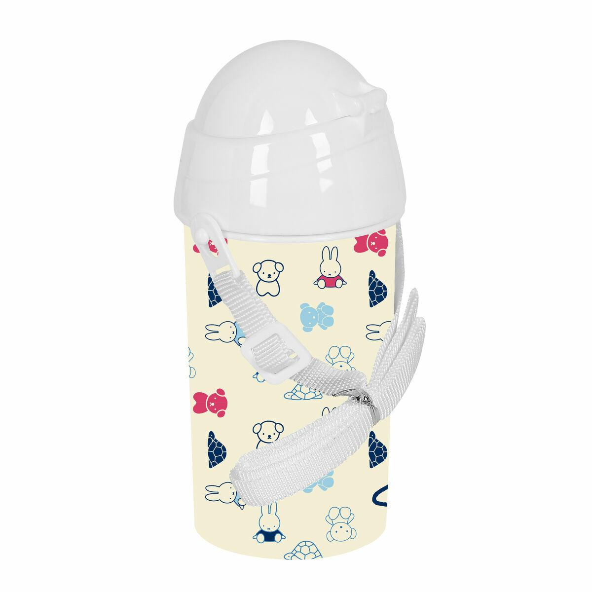 Eine Babyflasche mit weißem Deckel und Trageriemen. Die Flasche zeigt Zeichentiere auf gelbem Grund.