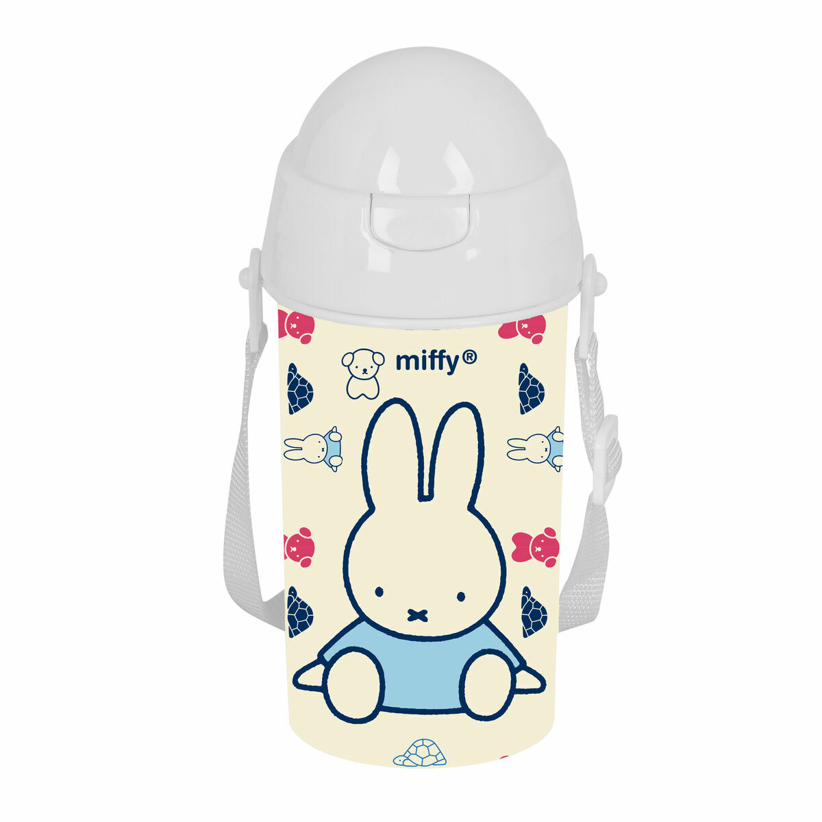 Weiß-blaue Miffy-Trinkflasche mit weißem Deckel und weißem Trageriemen. Die Flasche hat ein Miffy-Design.
