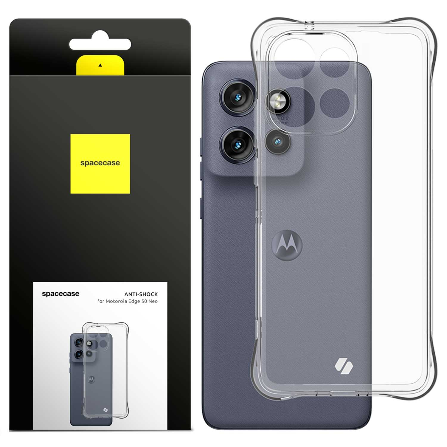 Telefon i etui na białym tle, fioletowy telefon, przezroczyste etui, czarne pudełko z logo spacecase.