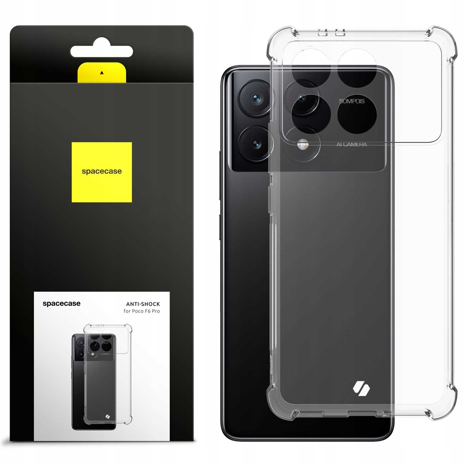Telefon z przezroczystym etui, obok pudełka z logo spacecase.