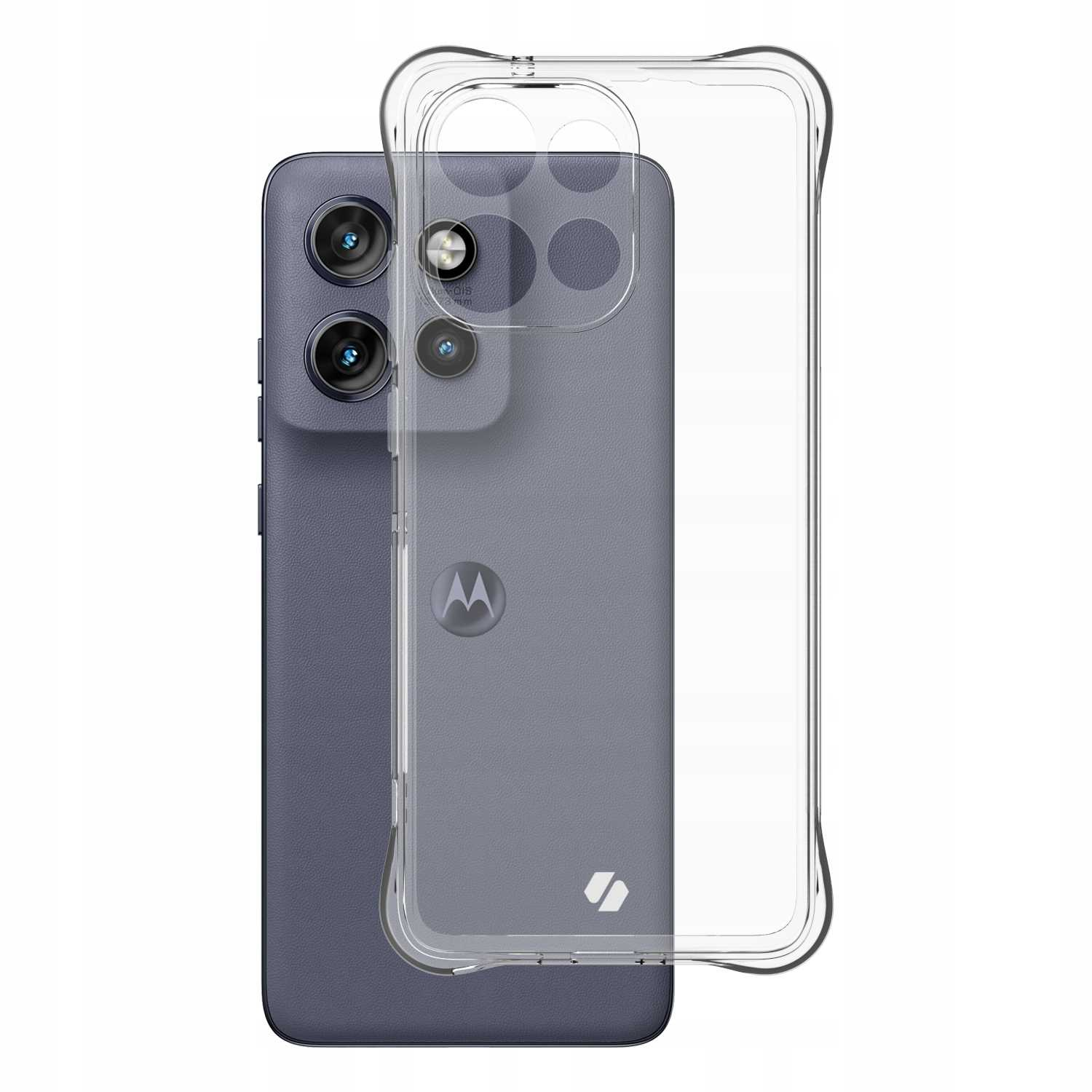 Smartfon z etui ochronnym. Telefon jest fioletowy, a etui przezroczyste.