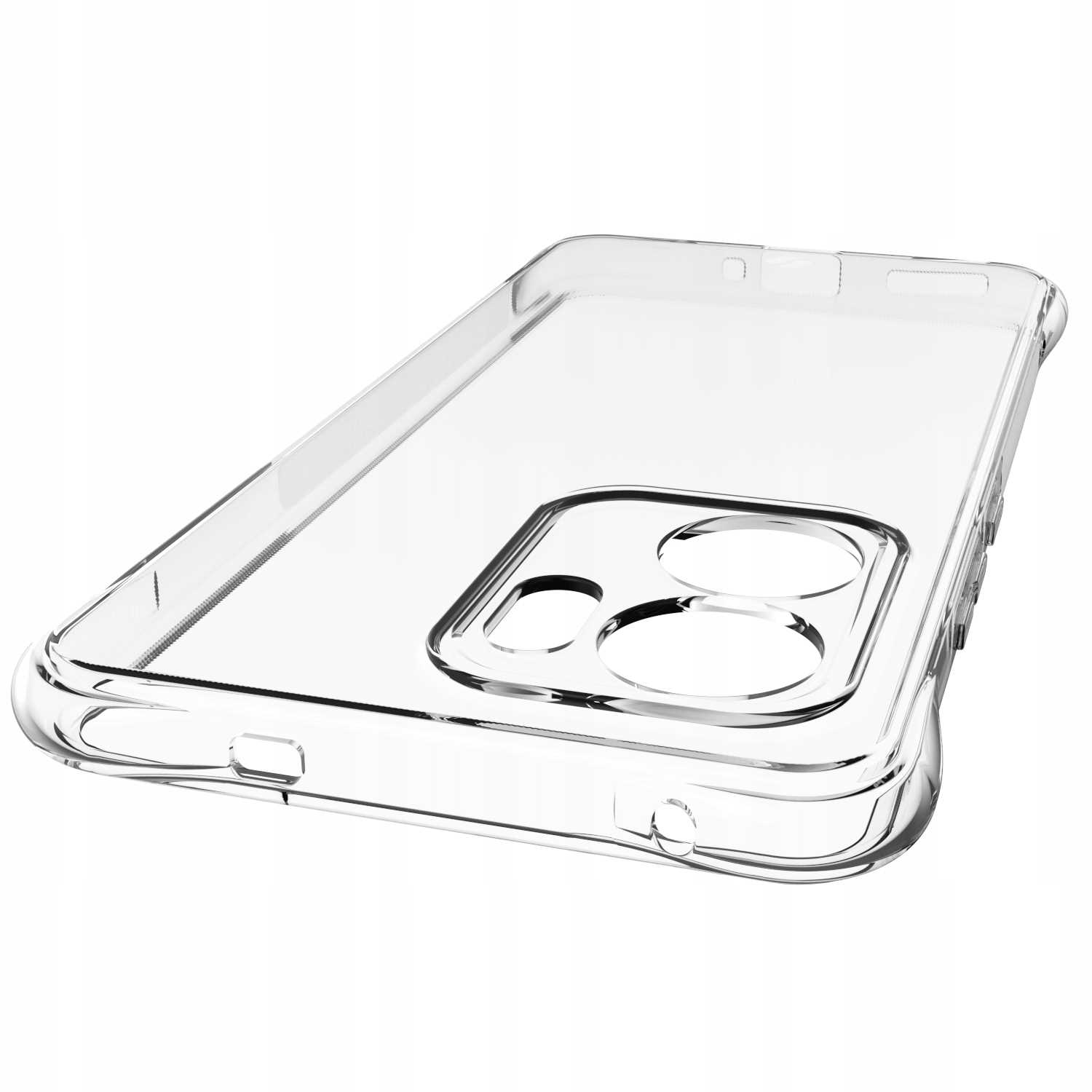 Przezroczyste etui na telefon, widok pod kątem, pokazujący wycięcia na aparat.