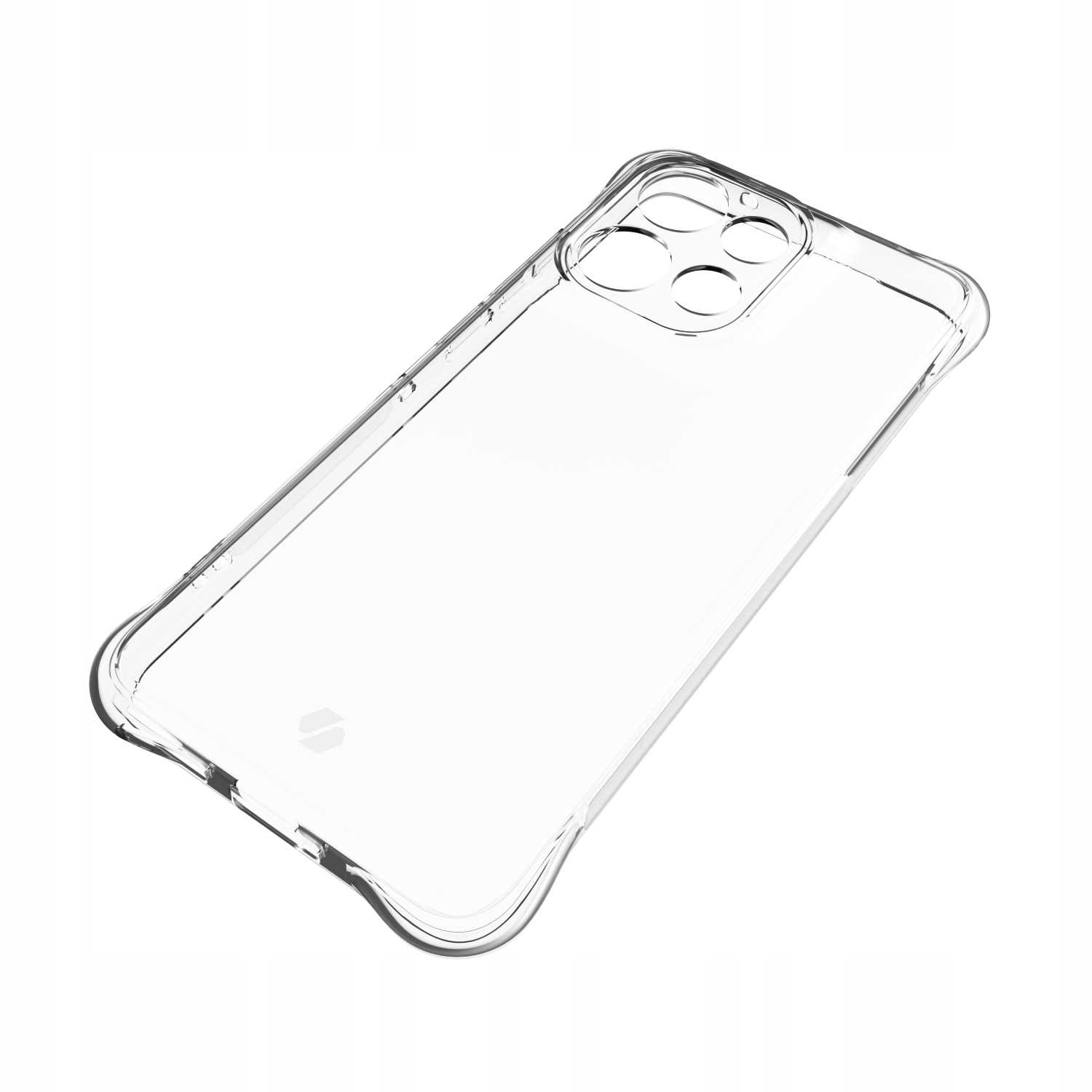 Przezroczyste etui na telefon, lekko pochylone, na białym tle. Ma wycięcia na aparat.