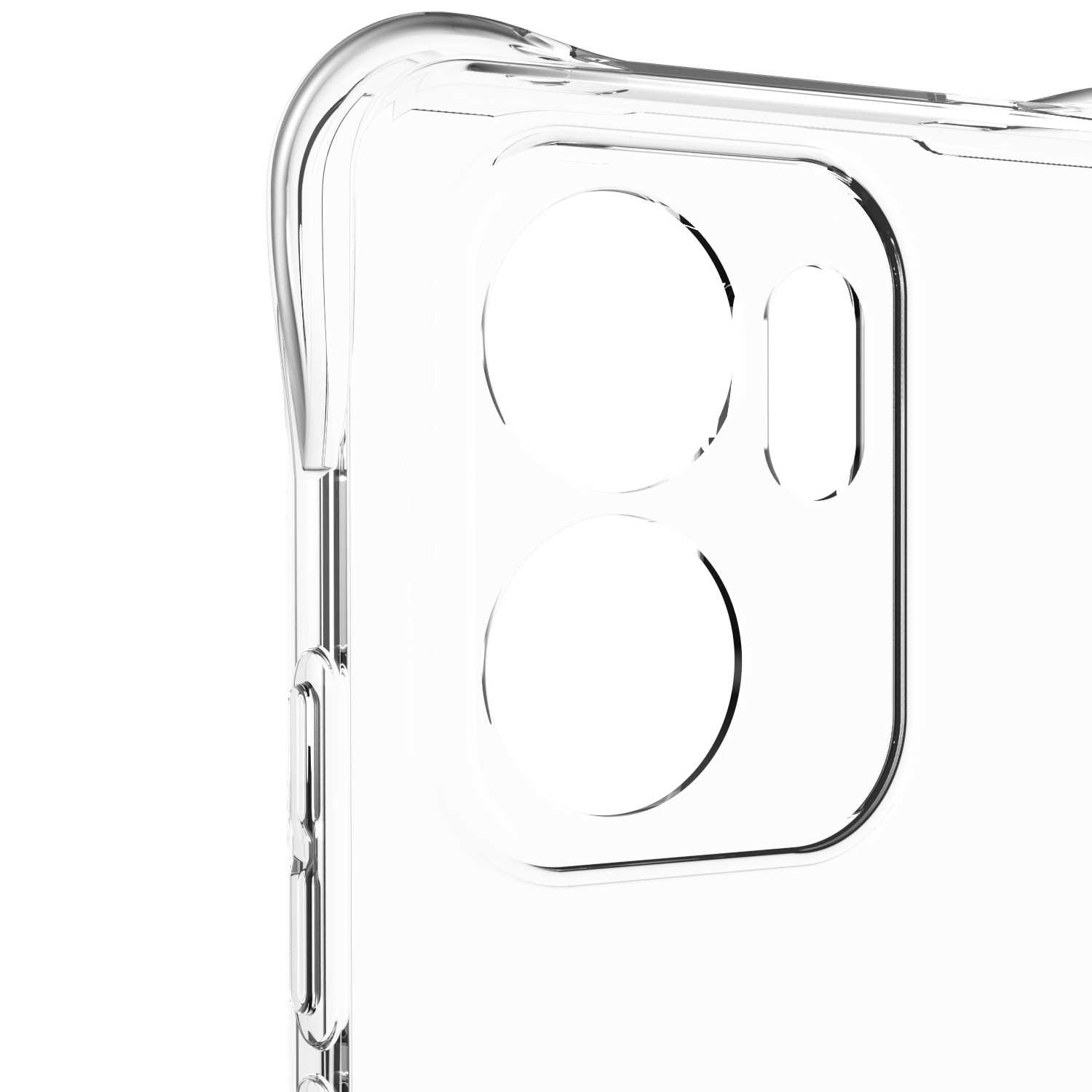 Szczegół przezroczystego etui na telefon. Posiada wycięcia na aparat.