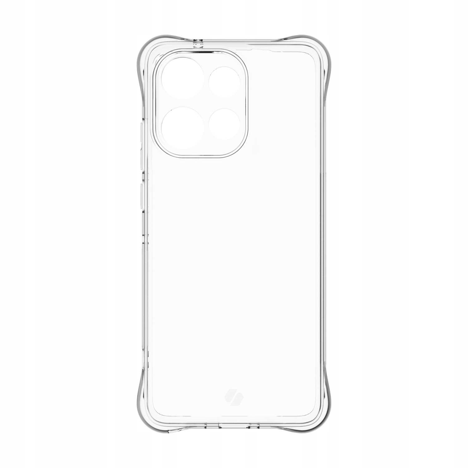 Przezroczyste etui na telefon na białym tle. Etui ma wycięcia na aparat.