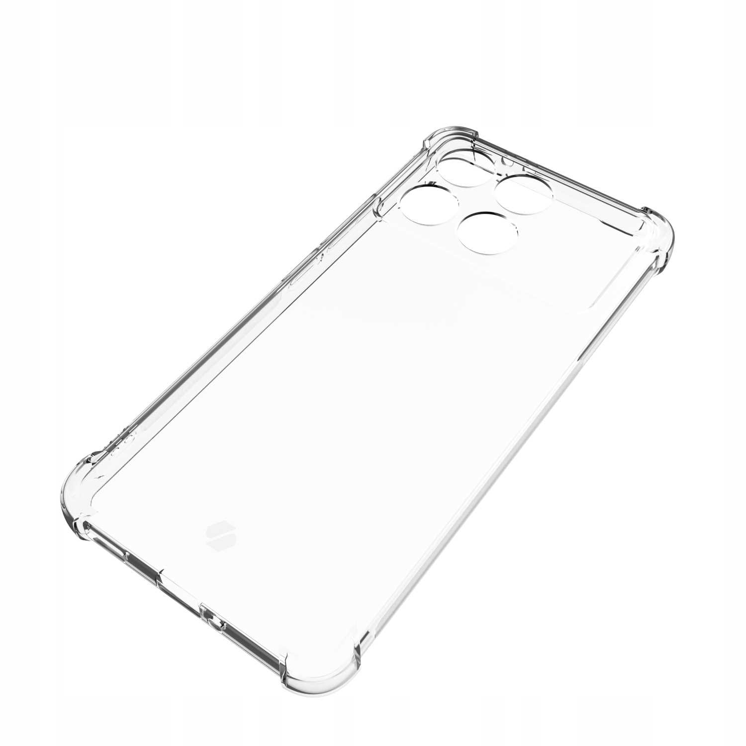 Przezroczyste etui na telefon, pochylone. Pokazuje bok i tył. Na dole znajduje się małe logo.