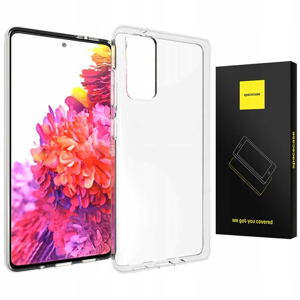 Telefon i przezroczyste etui obok pudełka, pokazujące telefon z kwiatową tapetą.