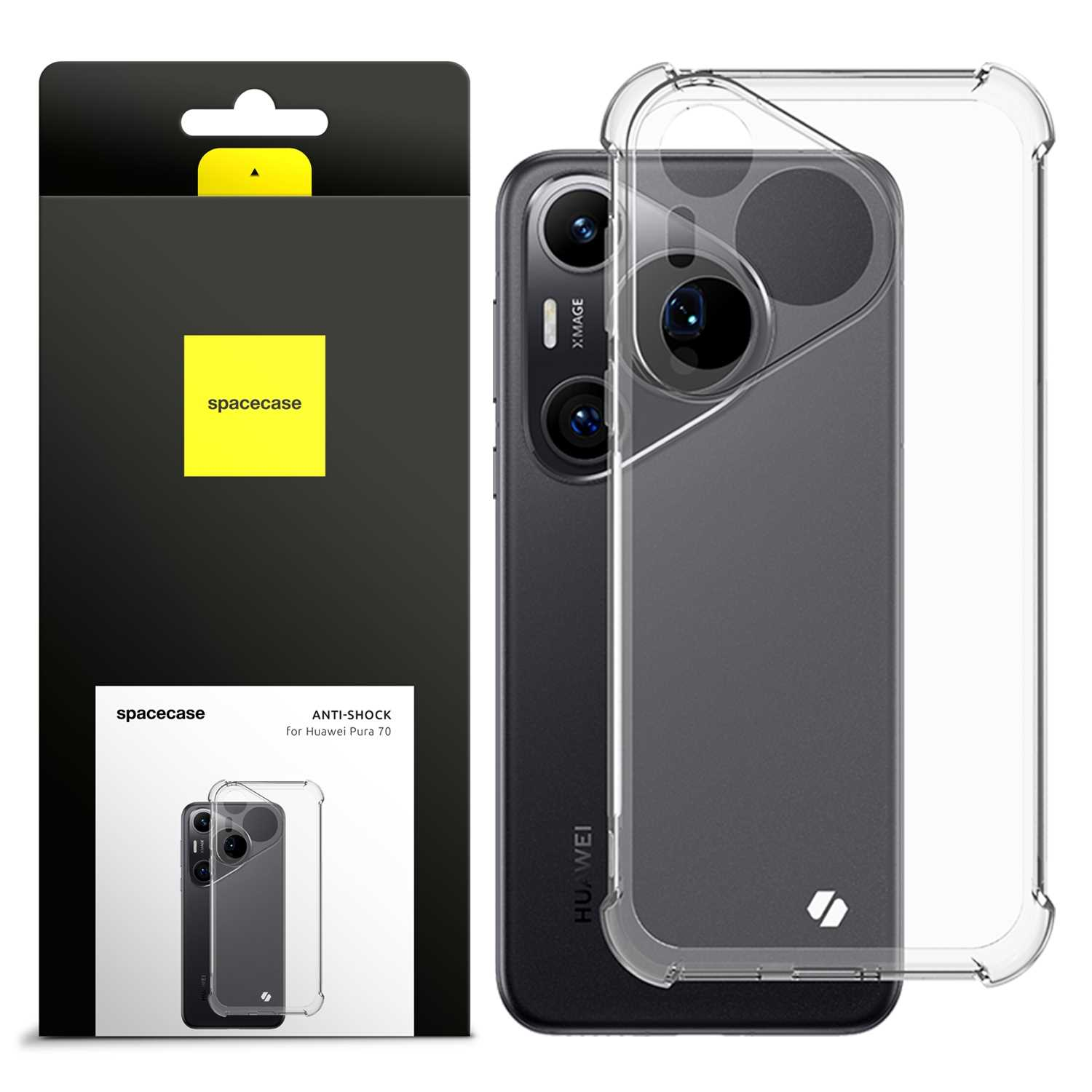 Etui na telefon, telefon i pudełko. Pudełko ma markę spacecase. Etui jest przezroczyste. Telefon jest czarny.