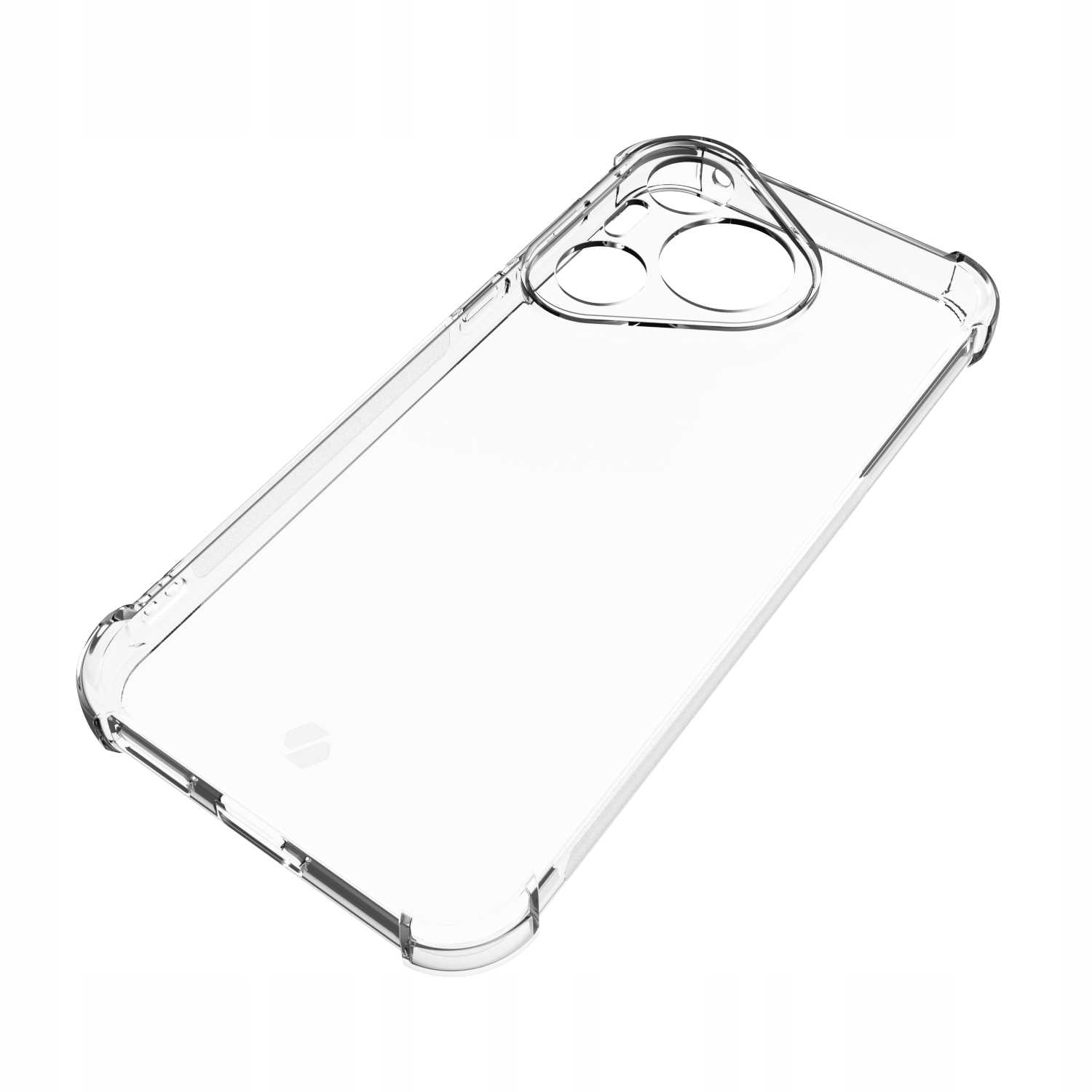 Przezroczyste etui na telefon z wycięciem na aparat, pod kątem na białym tle. Etui jest przezroczyste i puste.