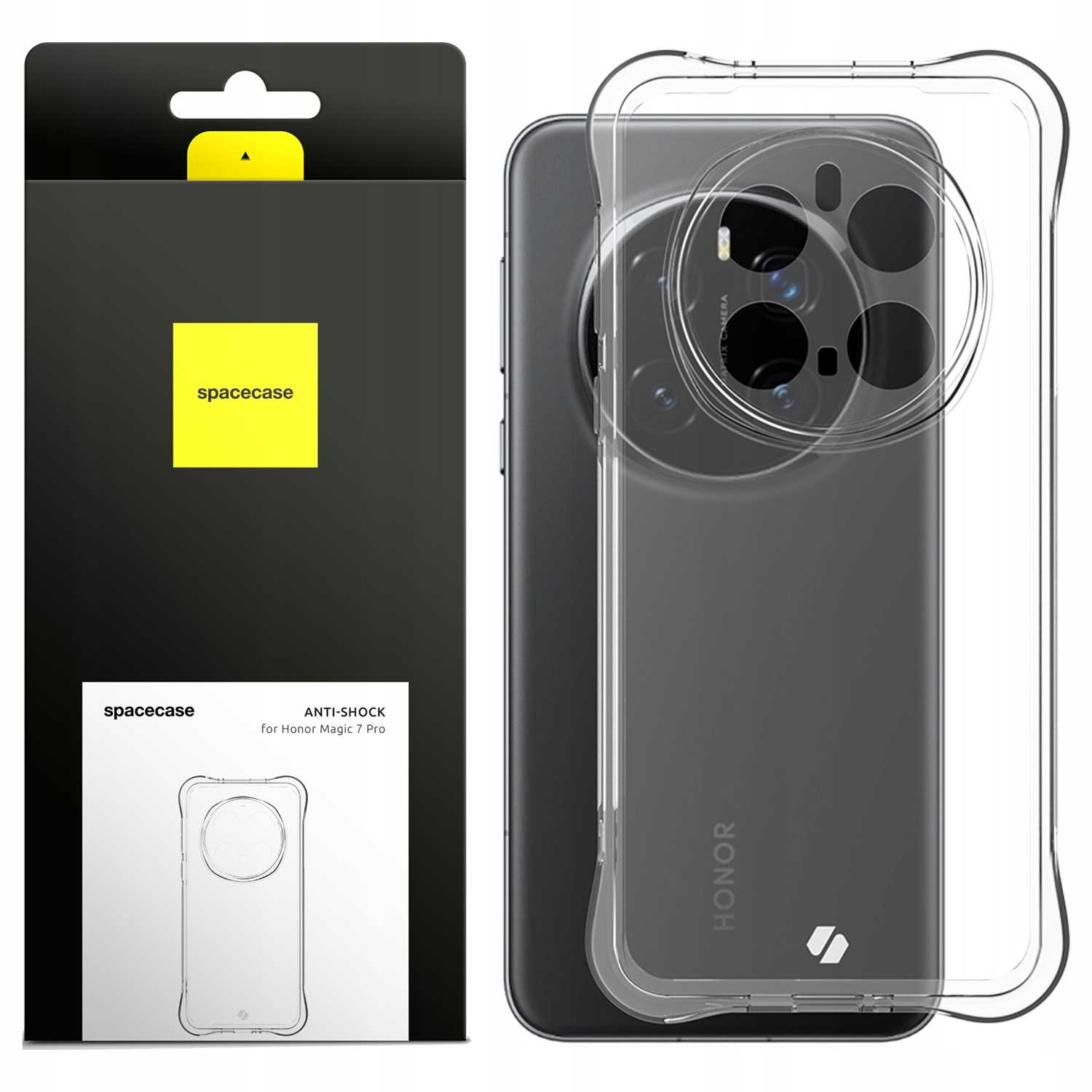 Telefon, przezroczyste etui i pudełko. Pudełko ma markę spacecase. Telefon jest czarny, widoczne logo Honor.